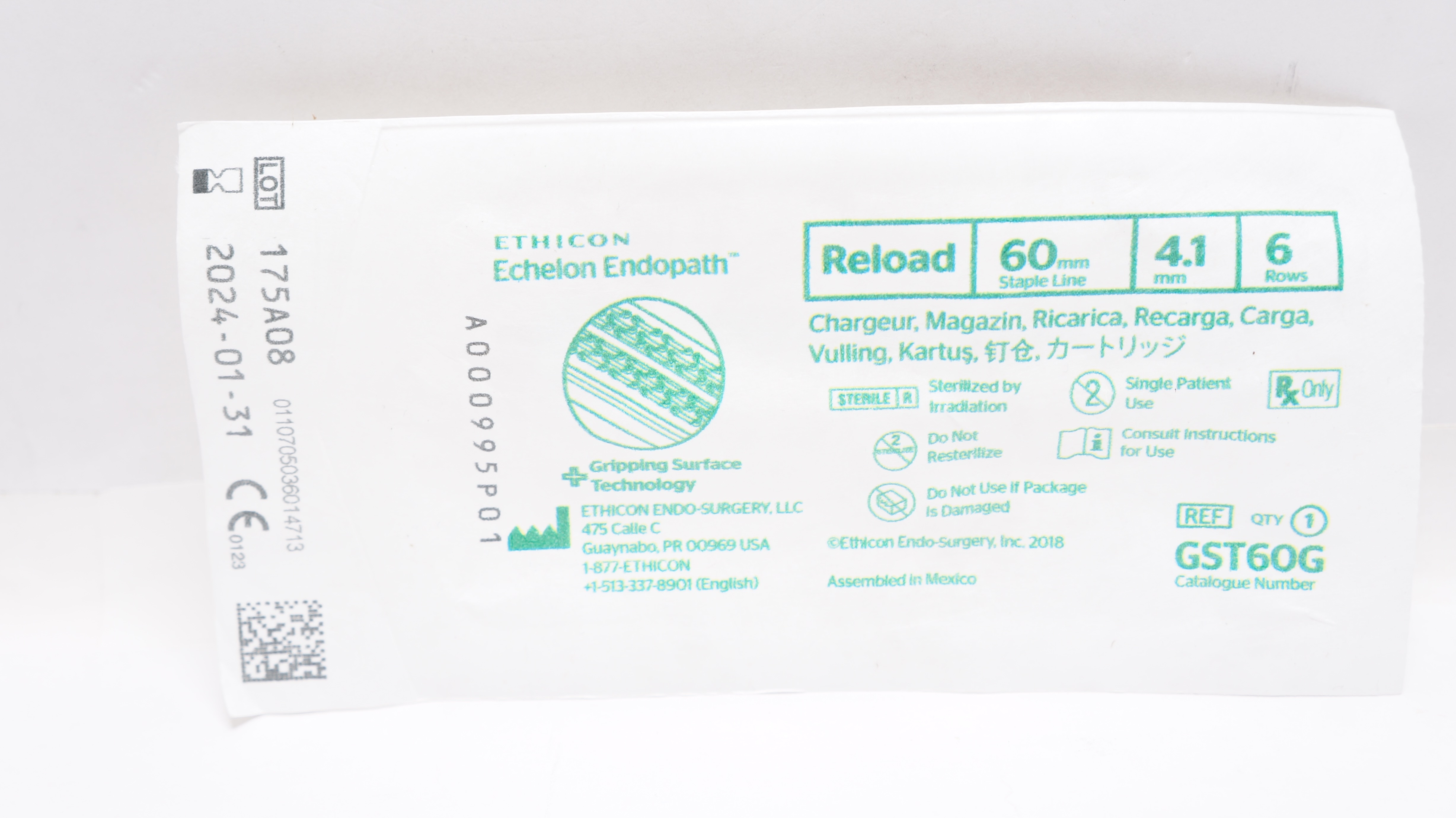 Ethicon GST60G Endopath Echelon Reload 60 mm Staple Line 4.1 mm 6 Rows
