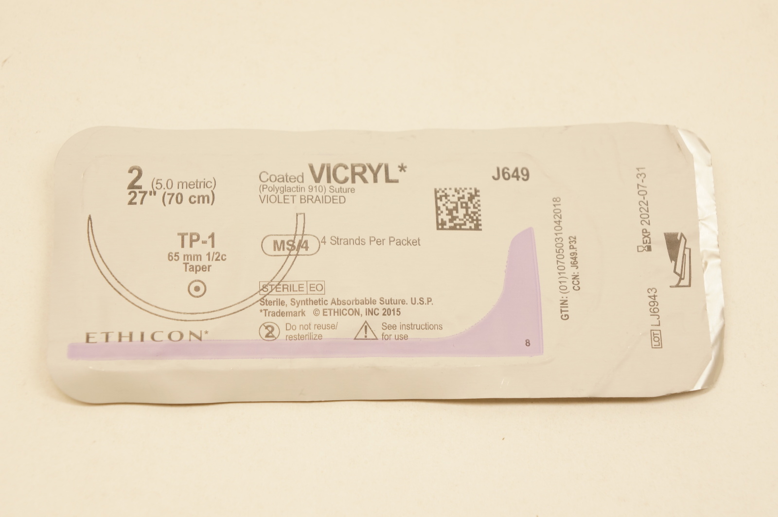 Ethicon J649 2 VICRYL, TP-1, 65mm 1/2c Taper, 27inch