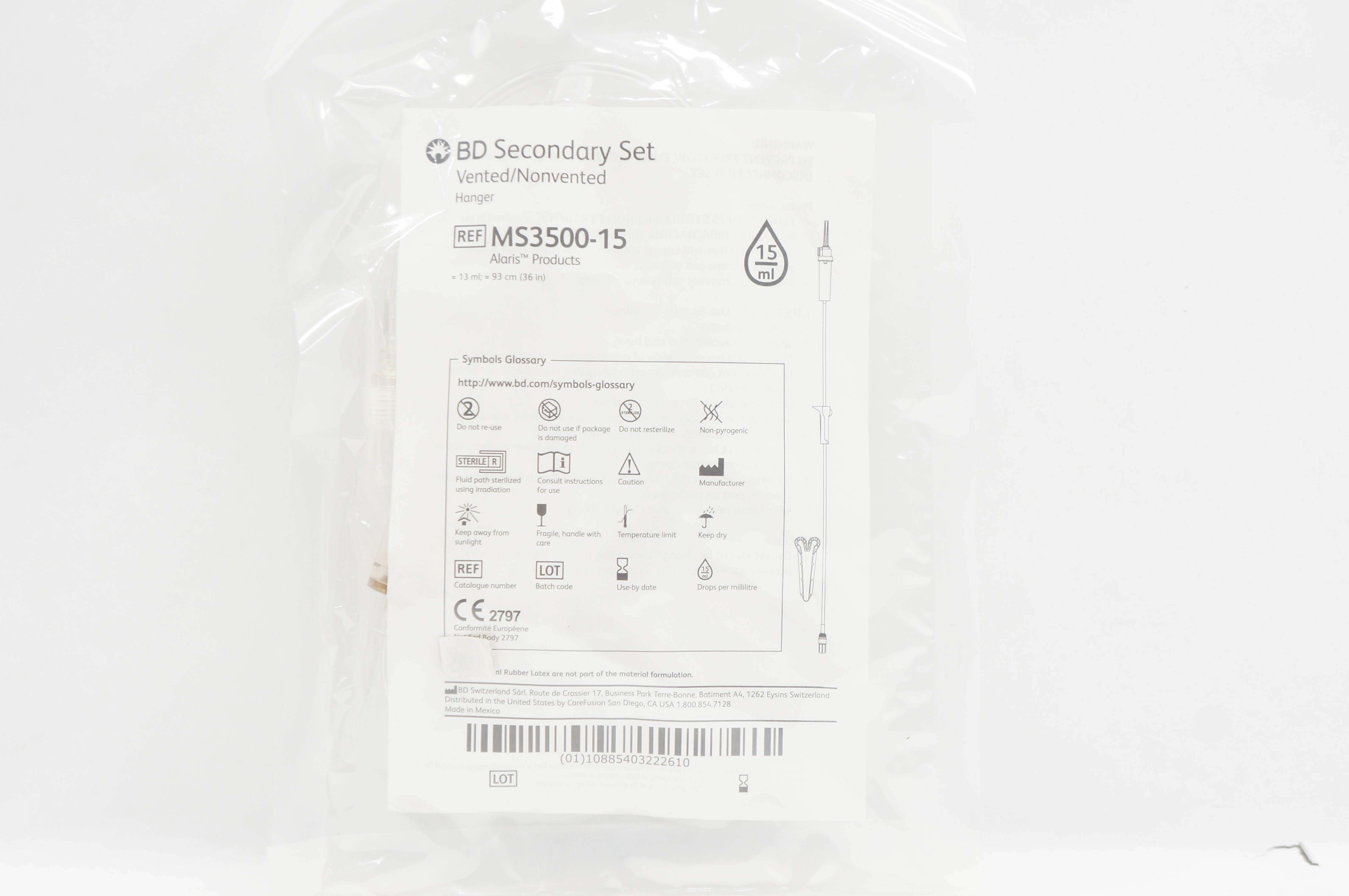 BD MS3500-15 Alaris Secondary Set Vented/Nonvented Hanger 13ml x 36inch