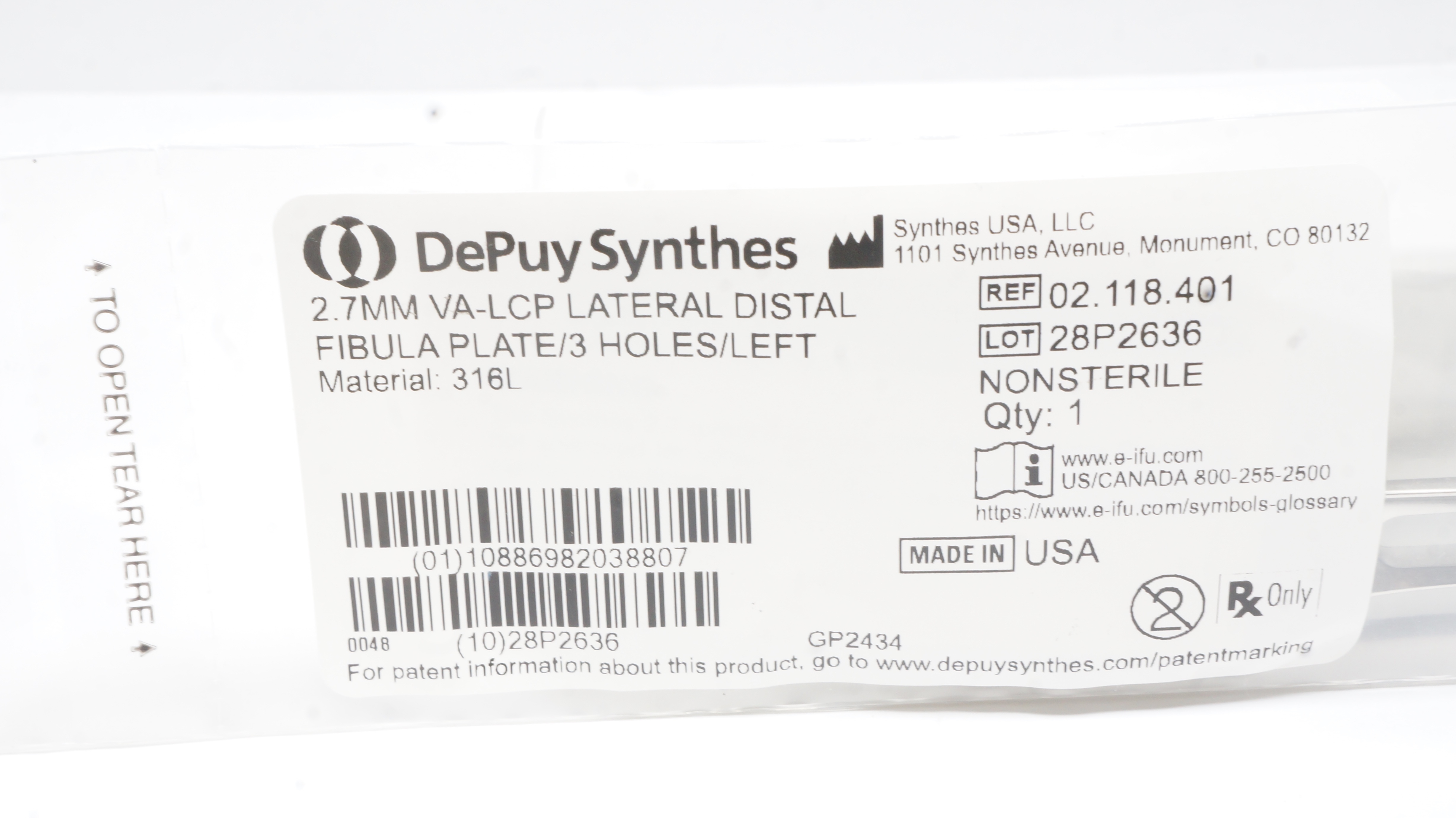 DePuy Synthes 02.118.401 2.7mm VA-LCP Lateral Distal Fibula Plate/3 Holes/Left