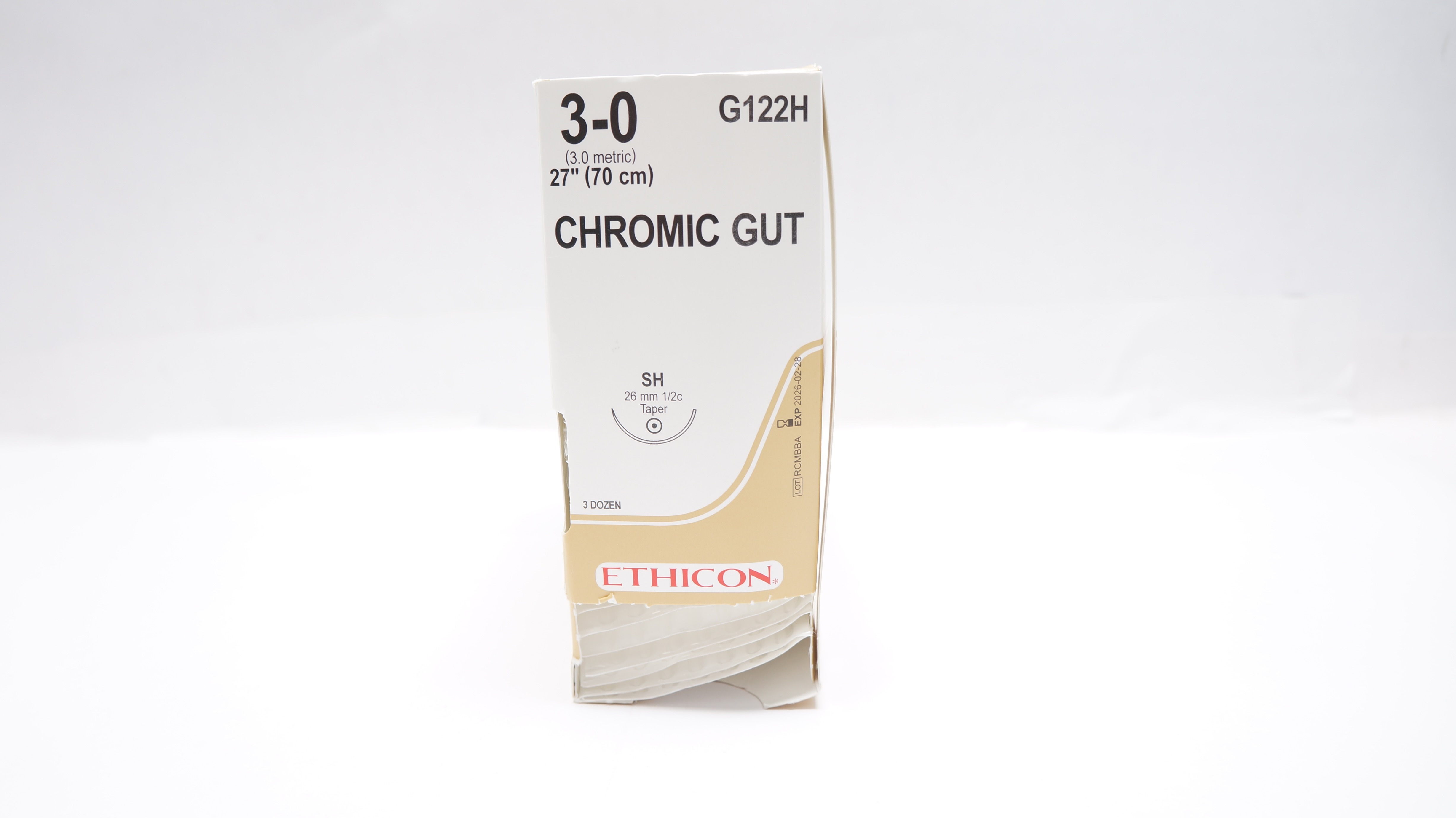Ethicon G122H 3-0 CHROMIC GUT Stre SH 26mm 1/2c Taper, 27inch - Box of 29