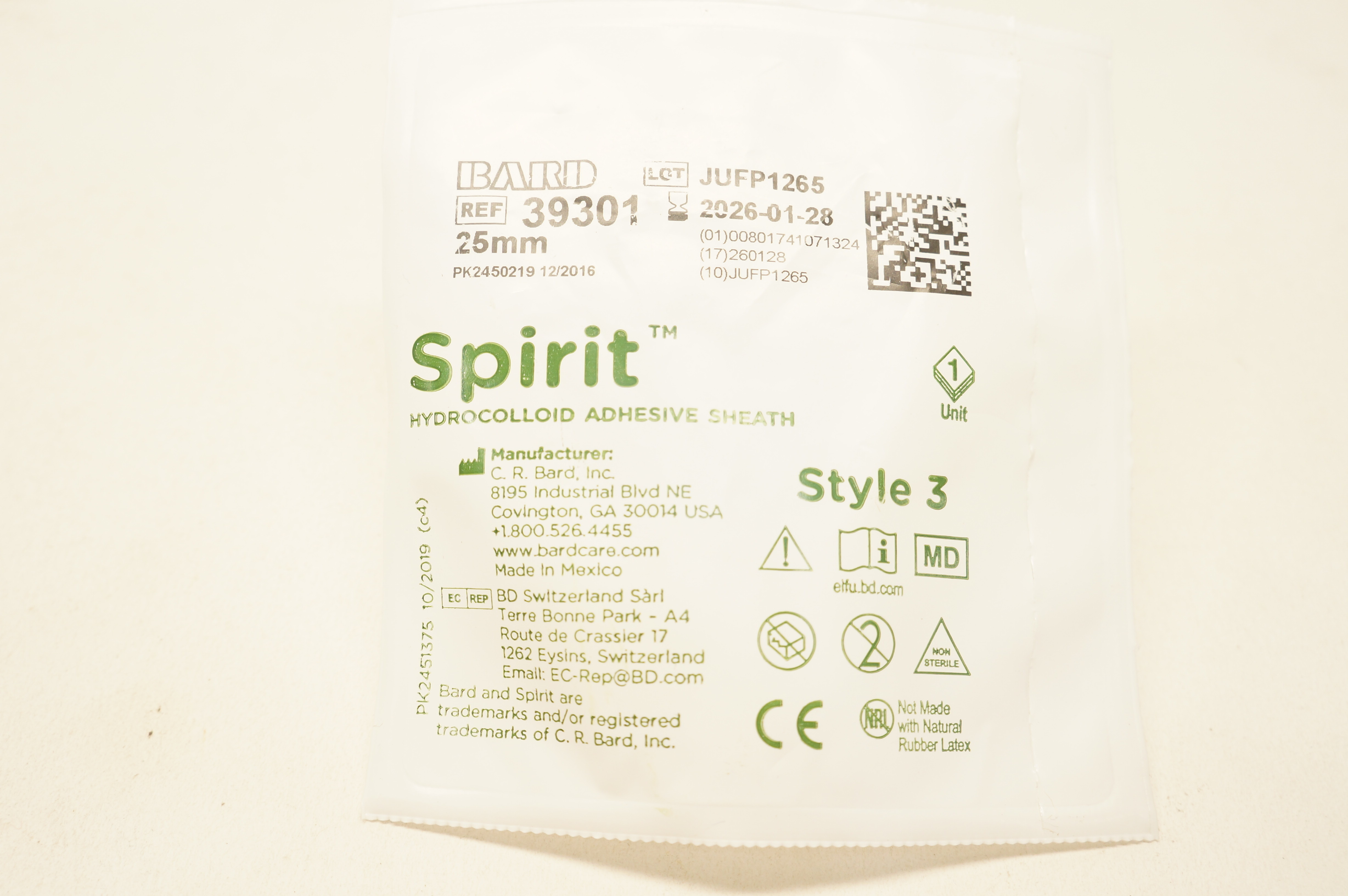 Bard 39301 Spirit Hydrocolloid Adhesive Sheath 25mm Style 3