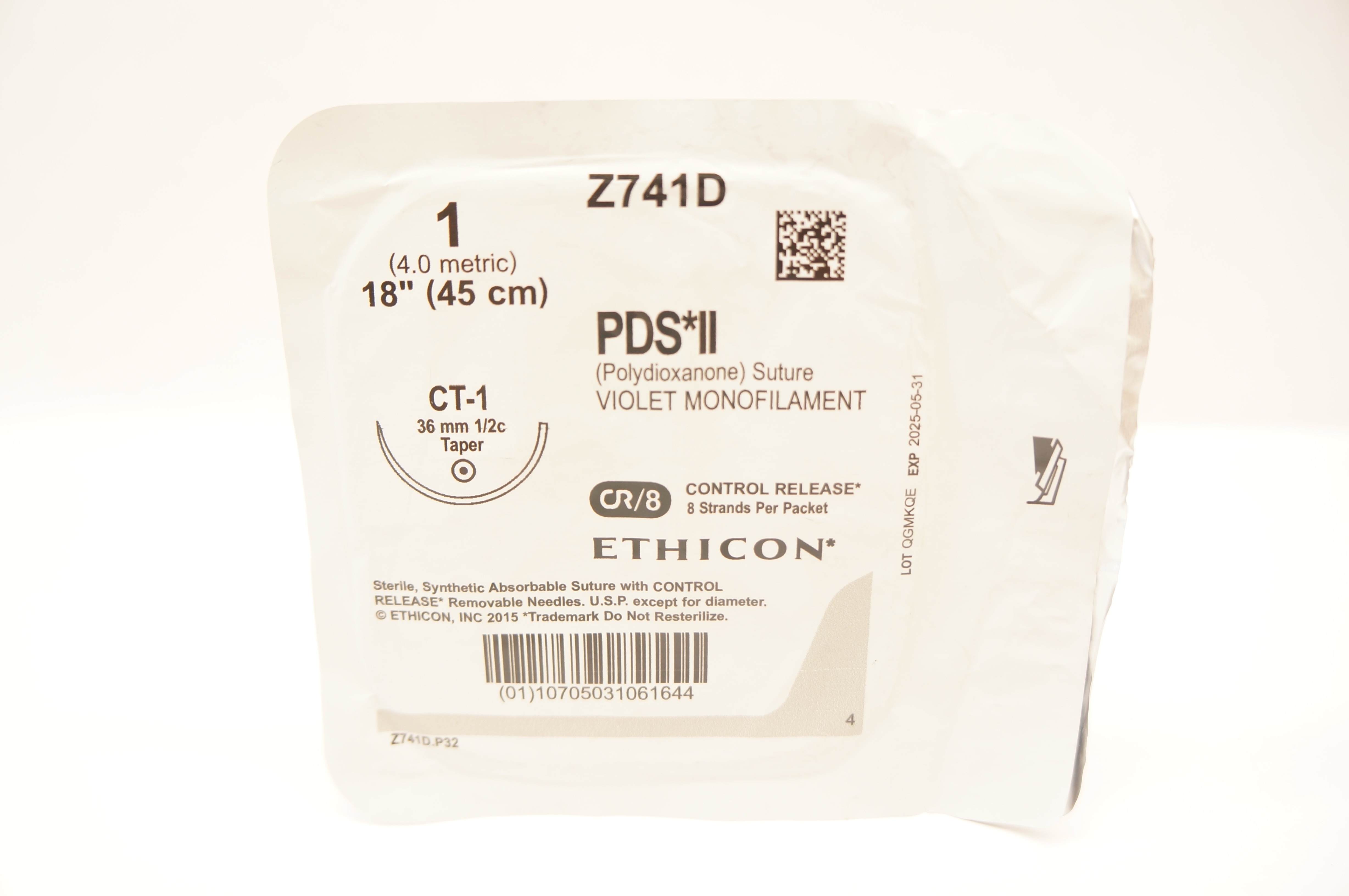 Ethicon Z741D 1 PDS II Polydioxanone Stre CT-1 36mm 1/2c Taper, 18 inch CR/8