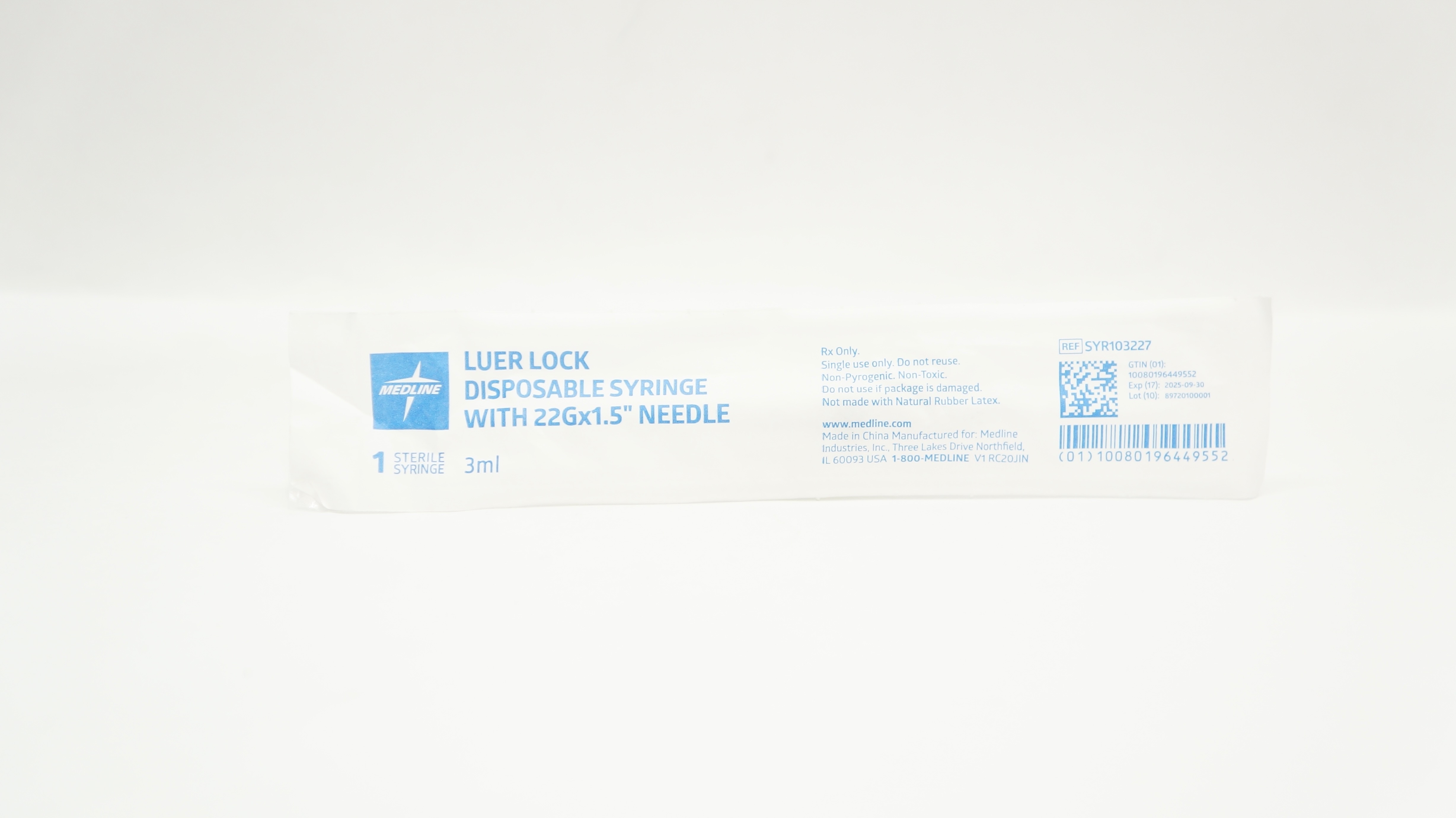 Medline SYR103227 Luer Lock Disposable Syringe With 22G x 1.5inch,3ml Ndle