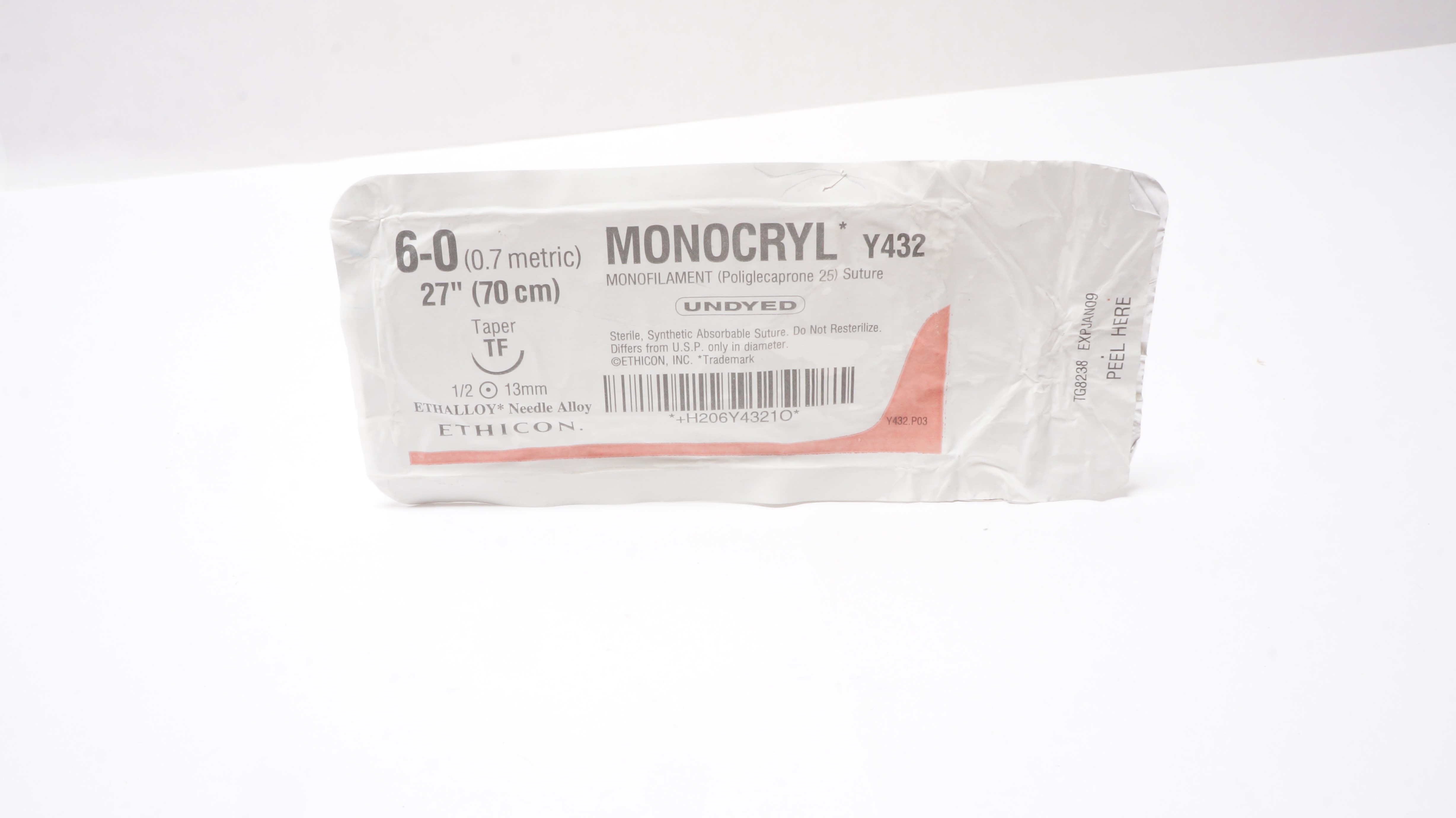 Ethicon Y432 6-0 MONOCRYL Stre Undyed TF 13mm 1/2c Taper, 27inch (x)
