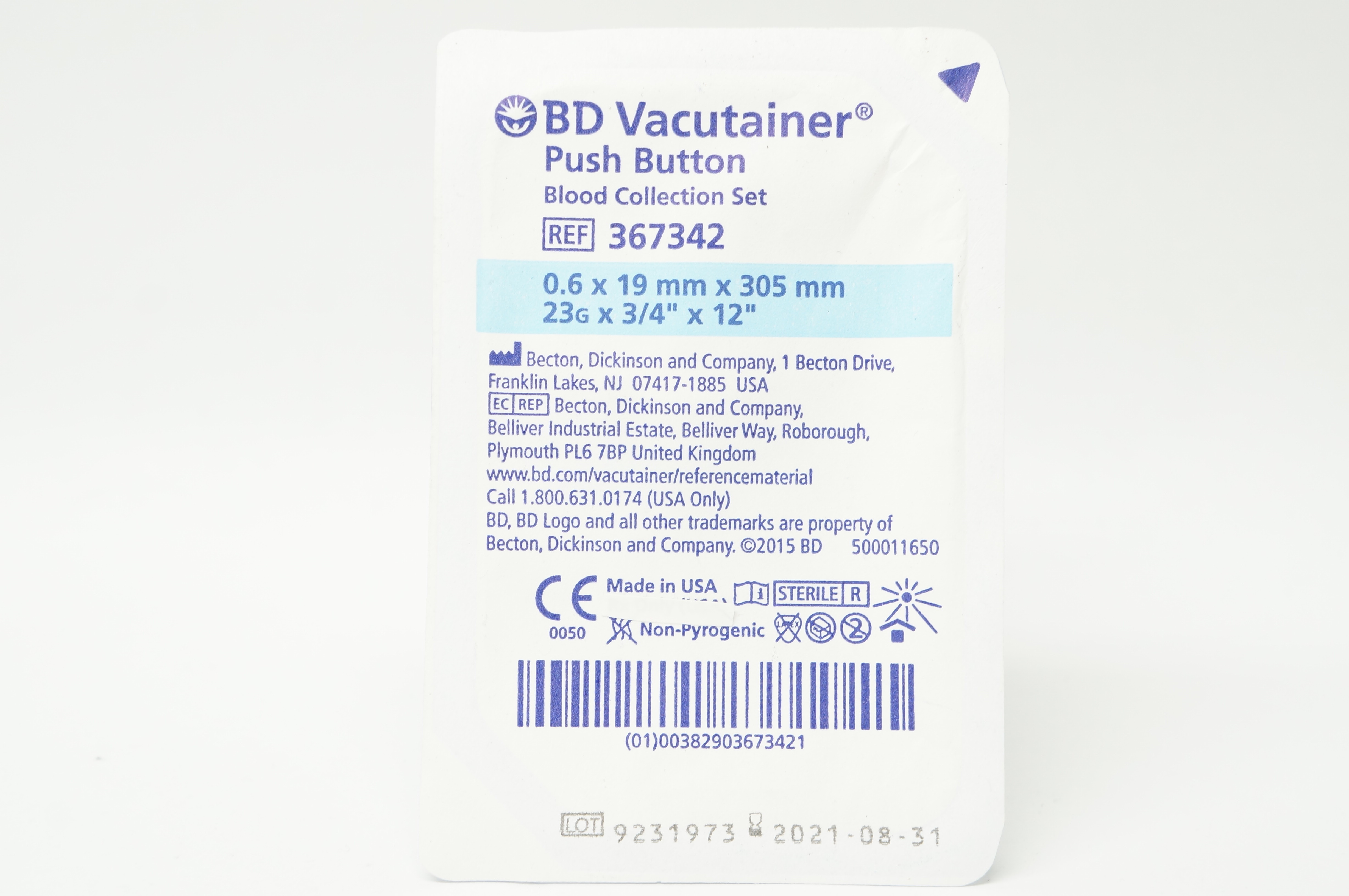 BD 367342 Push Button Blood Collection Set 23G x 3/4inch x 12inch (x)