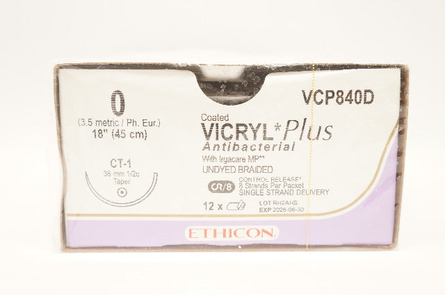 Ethicon VCP840D 0 Coated Vicryl Plus Stre CT-1 36mm 1/2c Taper, 18in - Box of 12