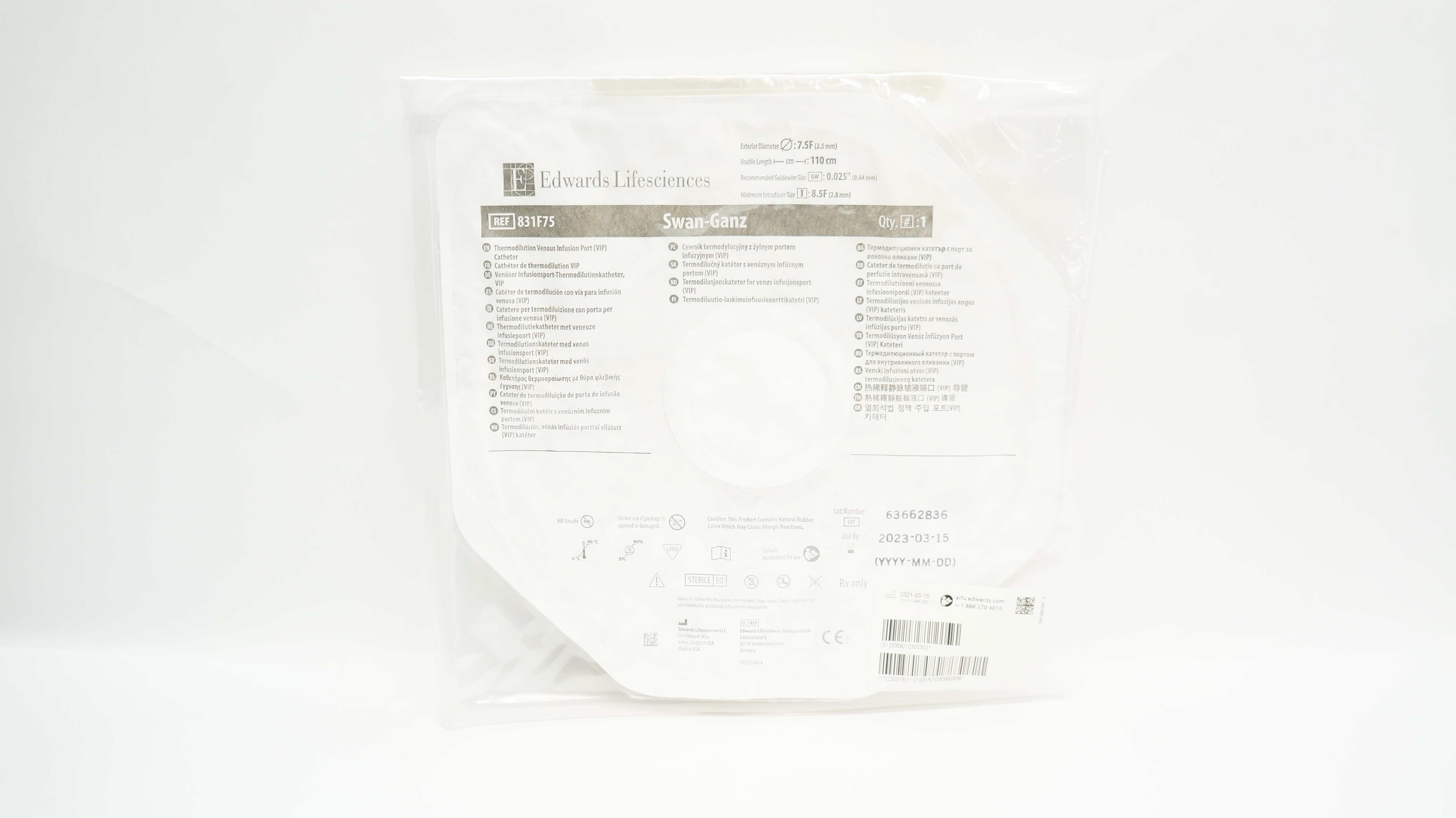Edwards Lifesciences 831F75 Swan-Ganz Thermodilution VIP Cath. 7.5F x 110cm (x)