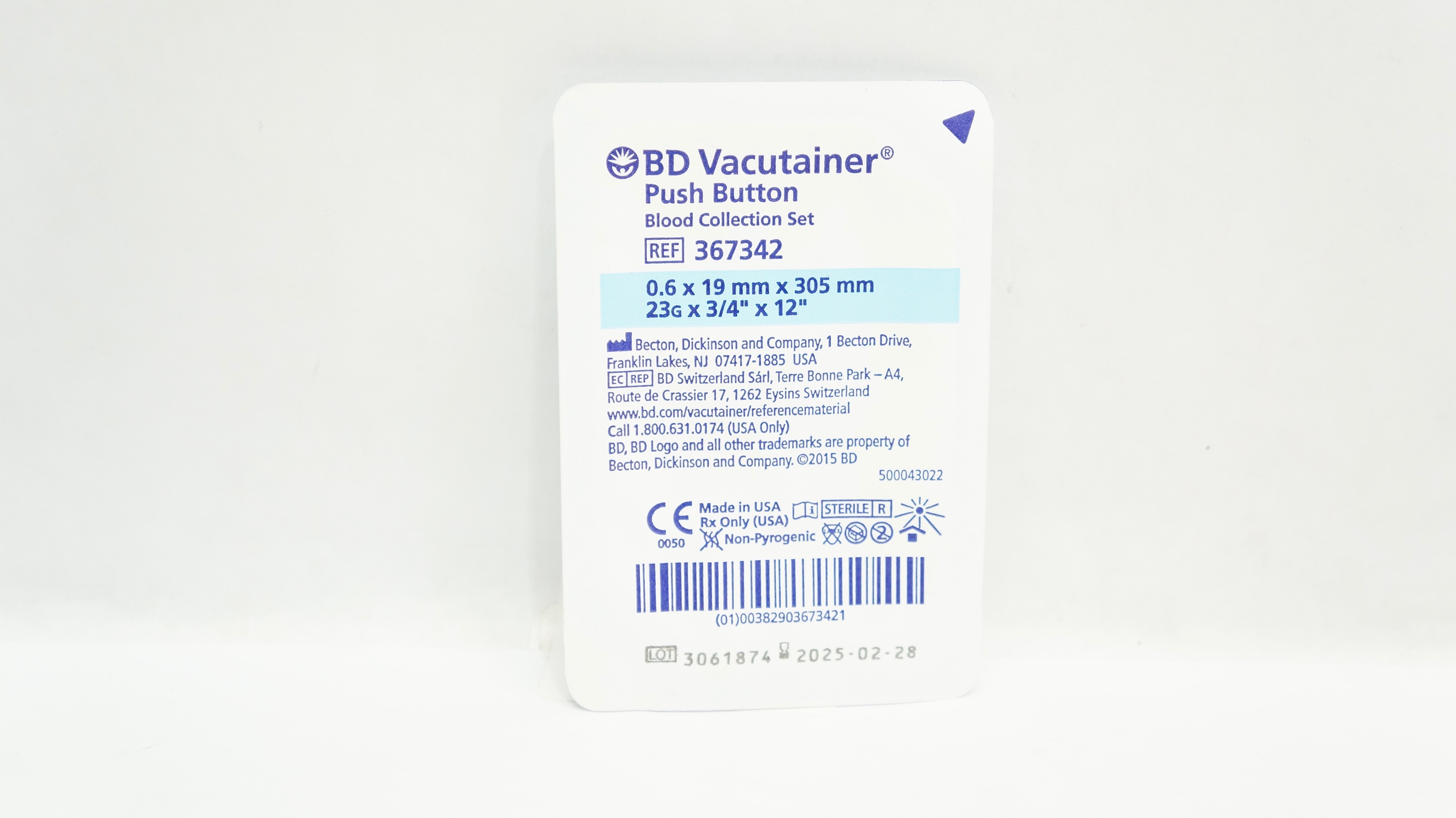 BD 367342 Vacutainer Push Button Blood Collection Set 23G x 3/4inch x 12inch