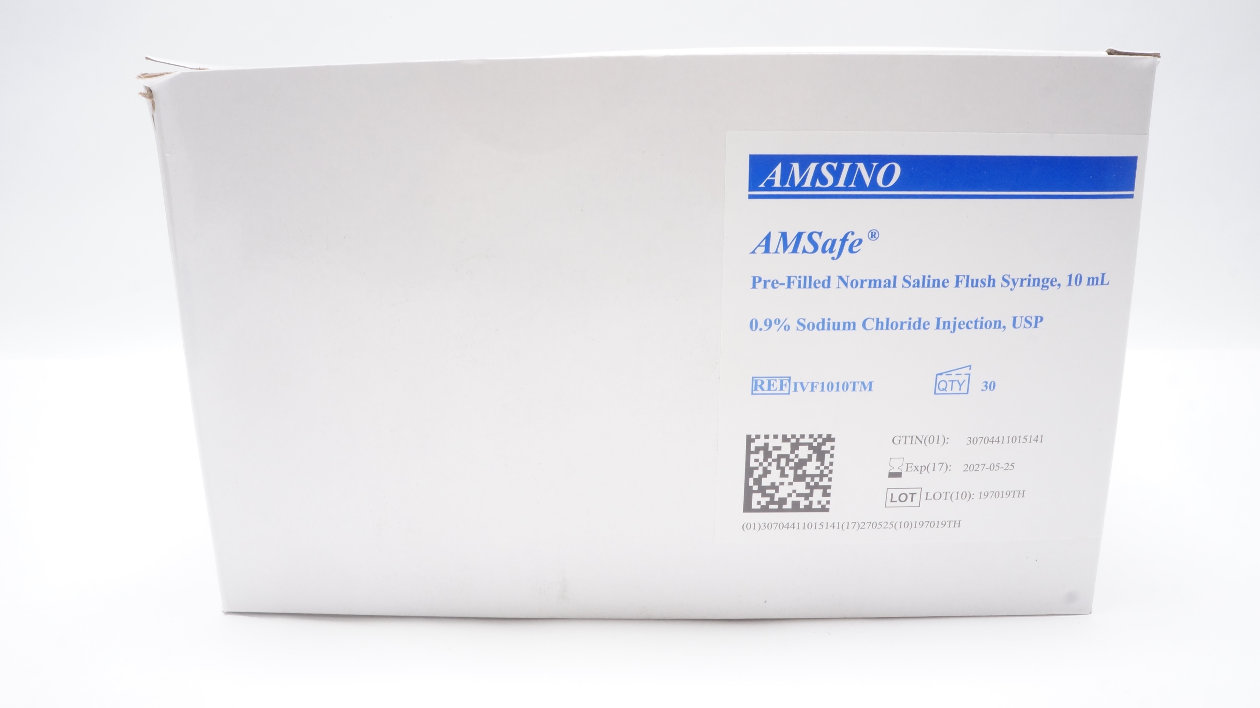 AMSINO IVF1010TM AMSafe Pre-Filled Normal Saline Flush Syringe, 10mL - Box of 30