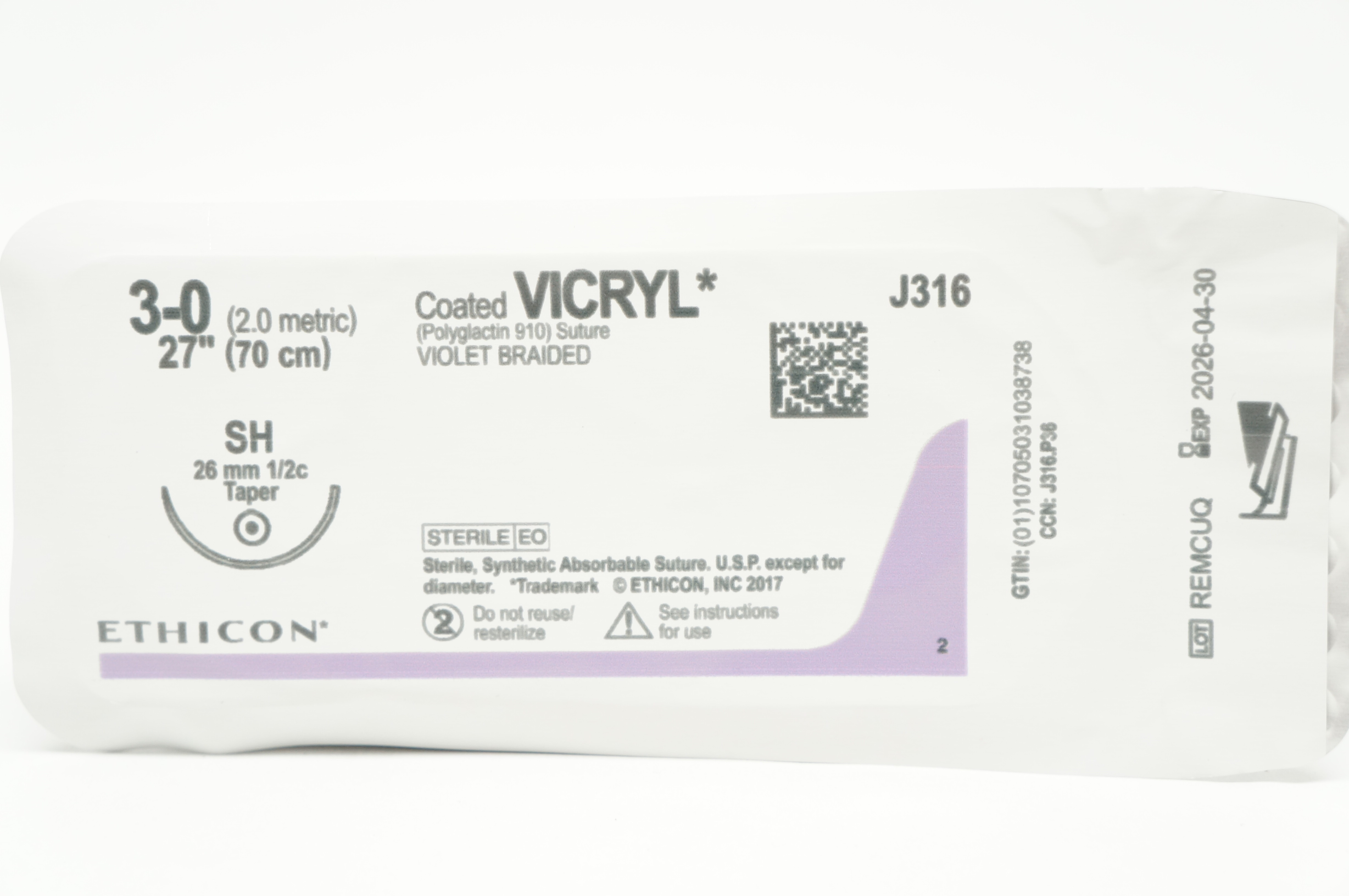 Ethicon J316 3-0 Coated VICRYL Polyglactin 910 Stre SH 26mm 1/2c Taper 27inch