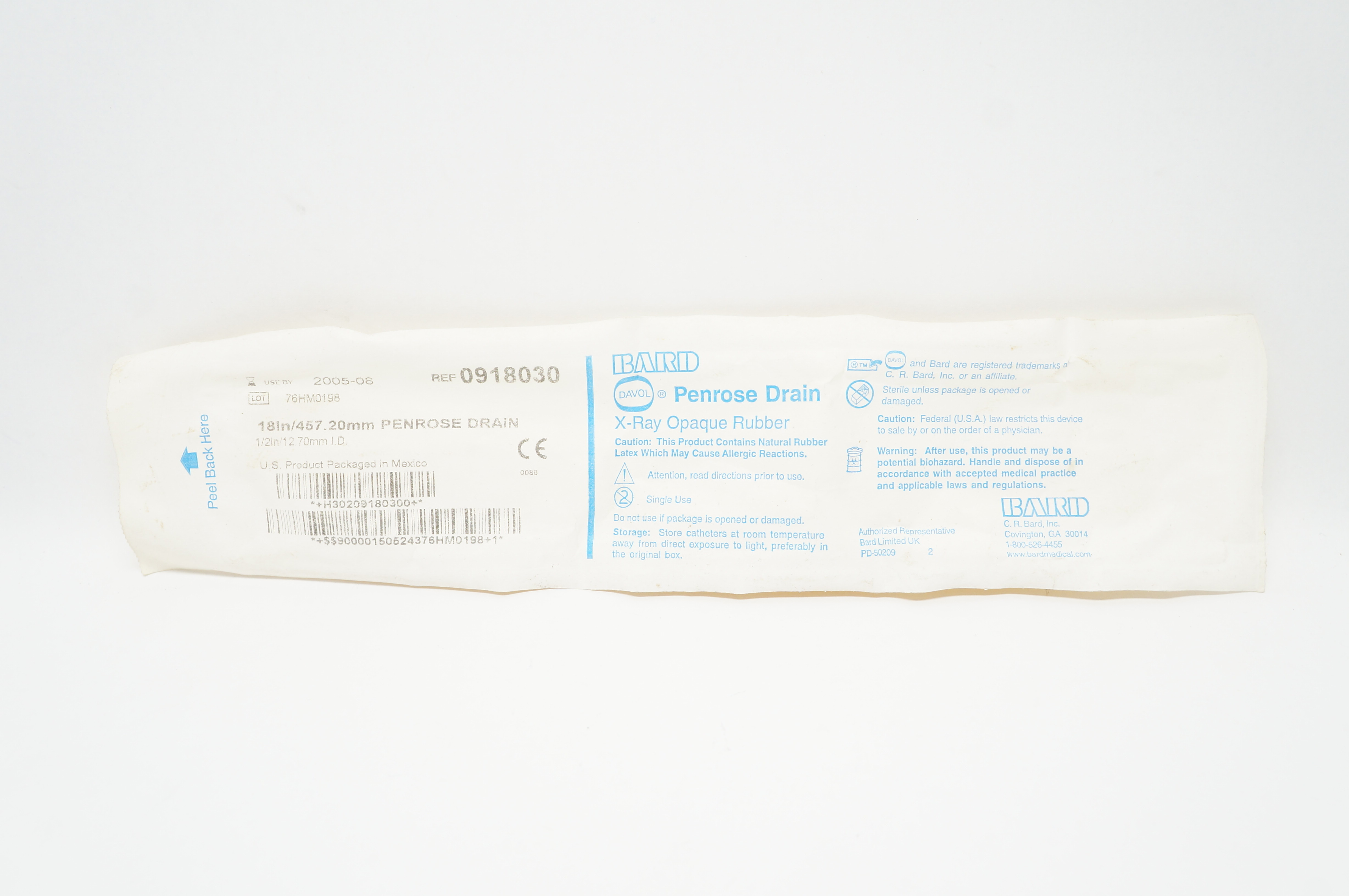 Bard 0918030 Davol Penrose Drain X-Ray Opaque Rubber 1/2inch ID x 18inch (x)