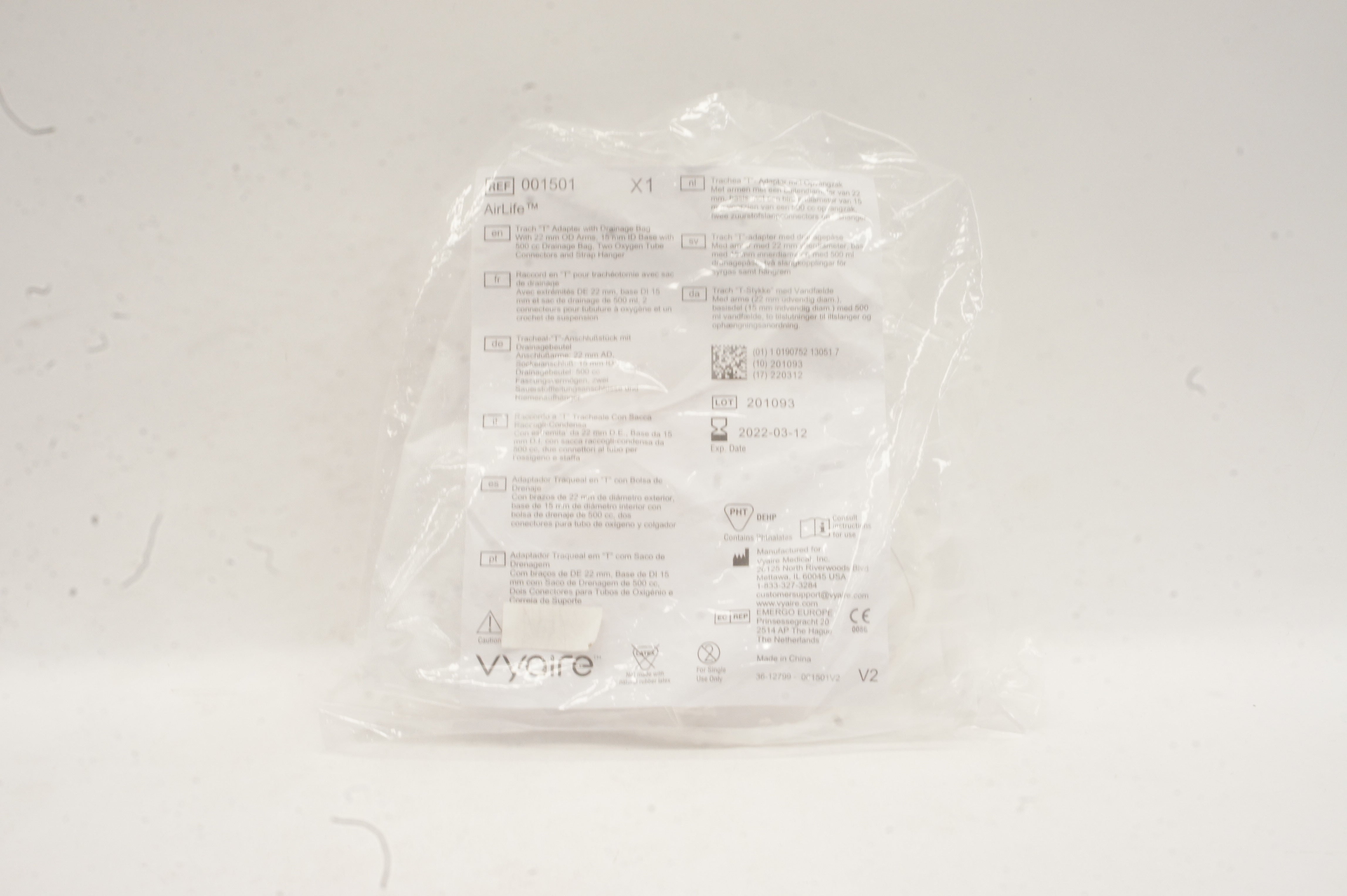 Vyaire 001501 AirLife Trach T Adapter with Drainage Bag 500cc