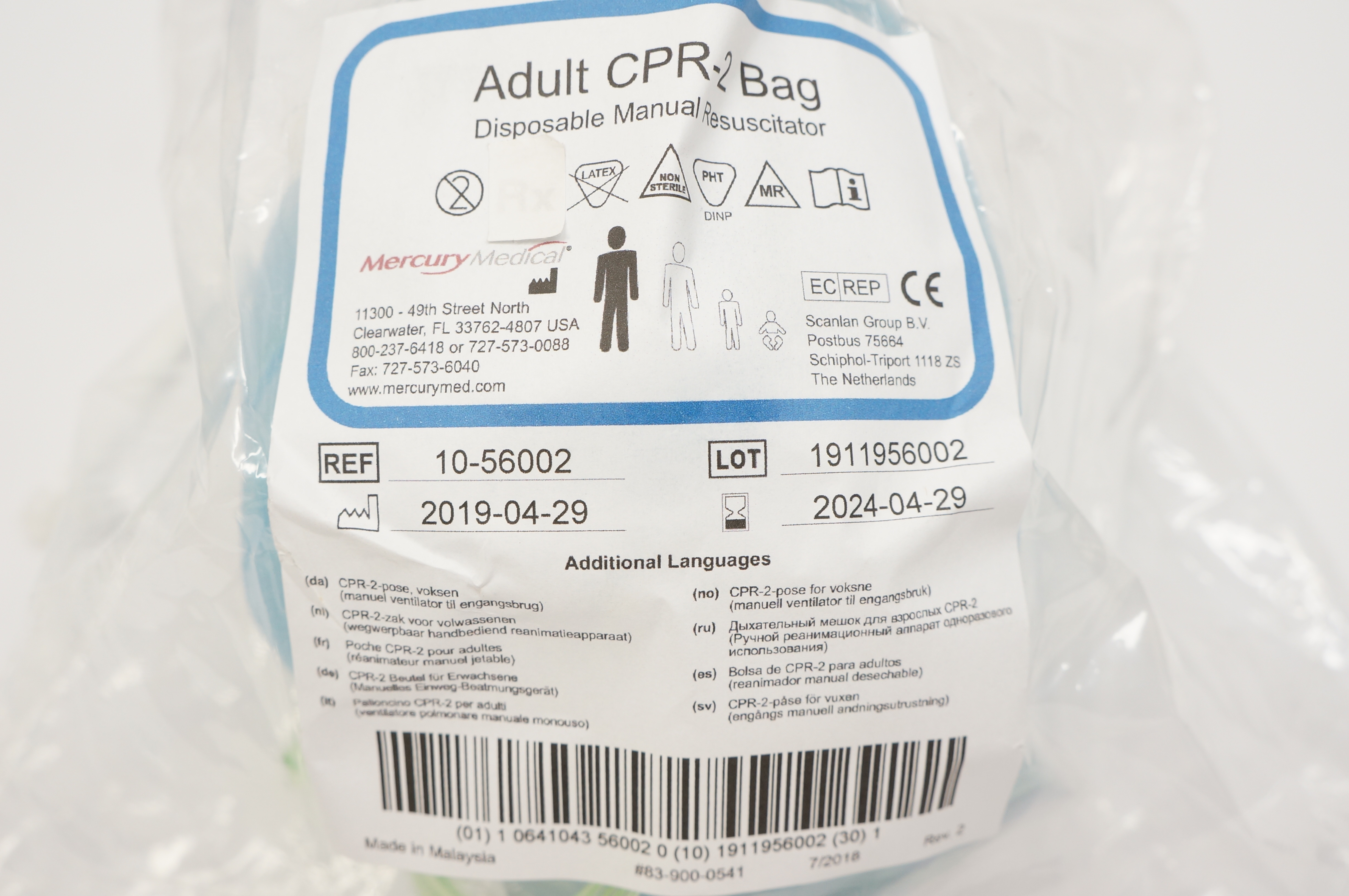 Mercury 10-56002 Adult CPR-2 Bag Disposable Manual Resuscitator