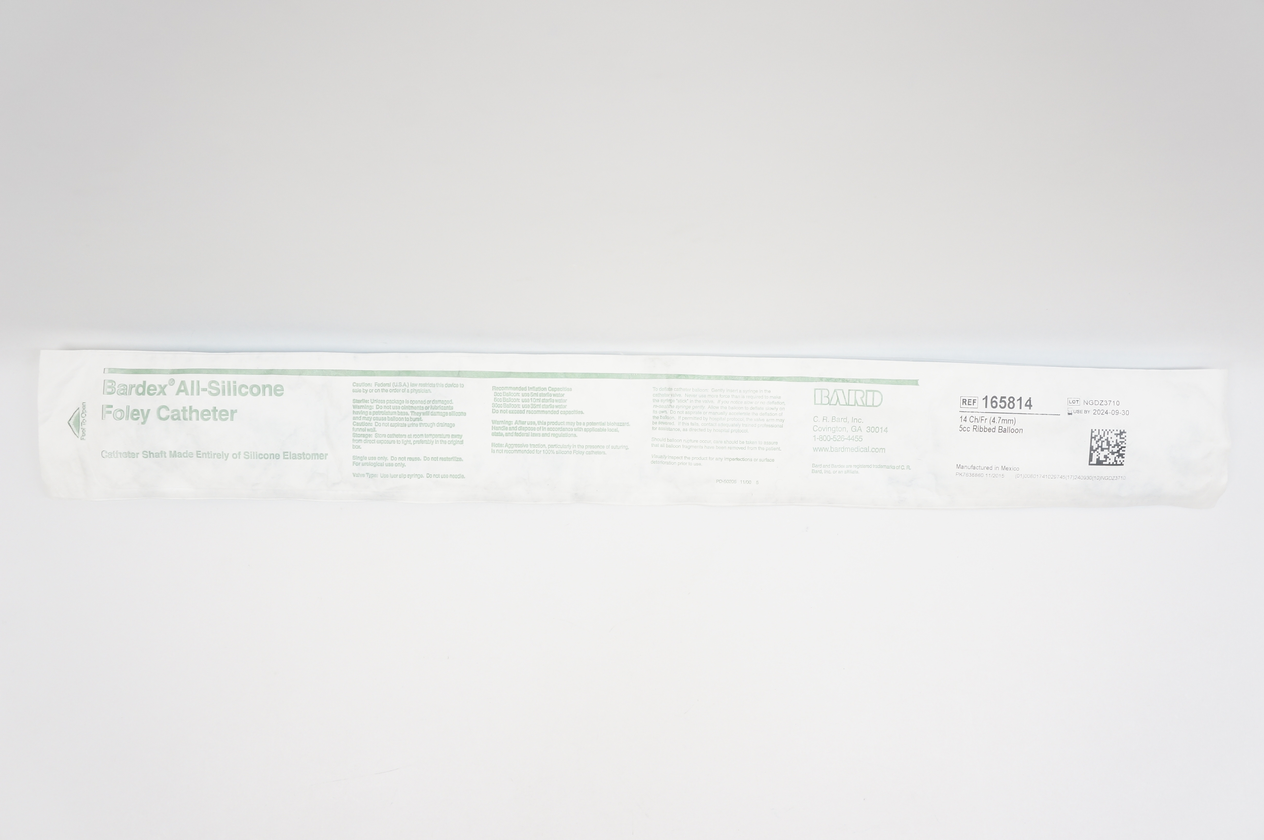 Bard 165814 All-Silicone Foley Cath. 14 Ch/Fr., 5cc Ribbed Balloon