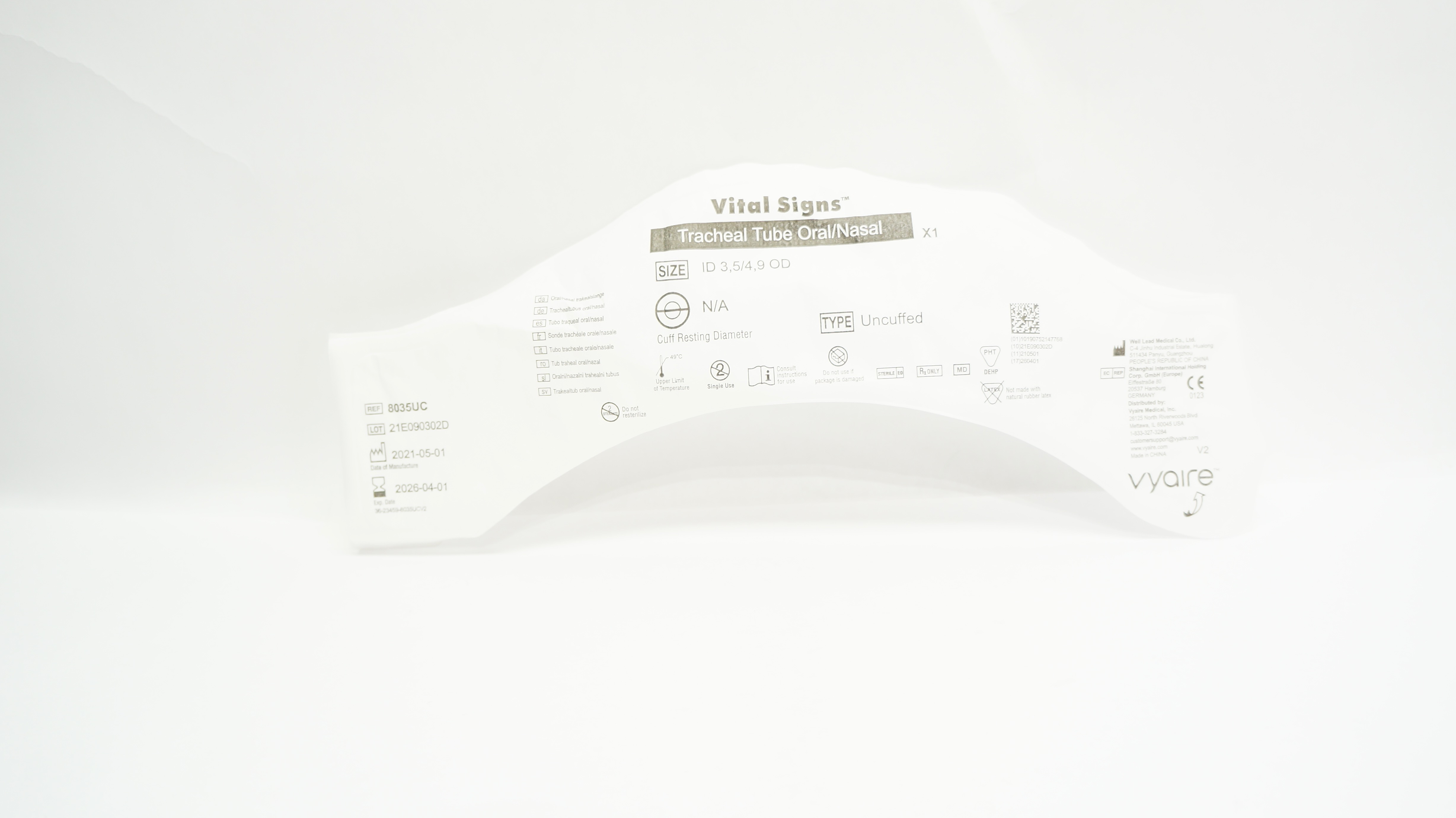 Vital Signs 8035UC Well Lead Medical Tracheal Tube Oral/Nasal, Uncuffed 3,5/4 ID