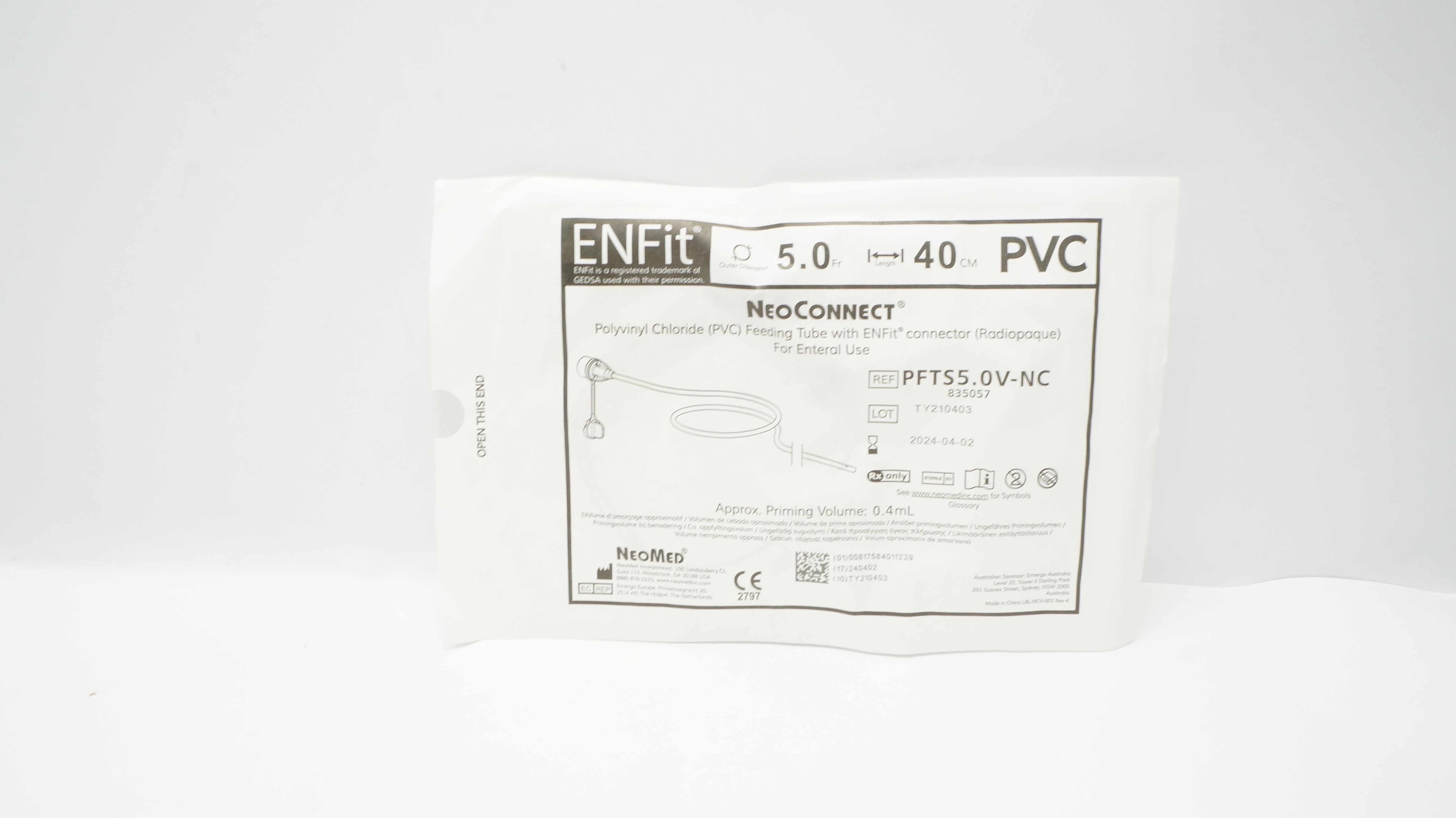 NeoMed PFTS5.0V-NC NeoConnect PVC Feeding Tube 5.0Fr x 40cm Prim. Vol 0.4mL (x)