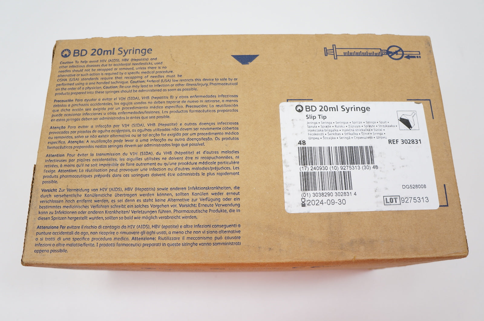 BD 302831 Slip Tip, Syringe 20ml - Box of 48