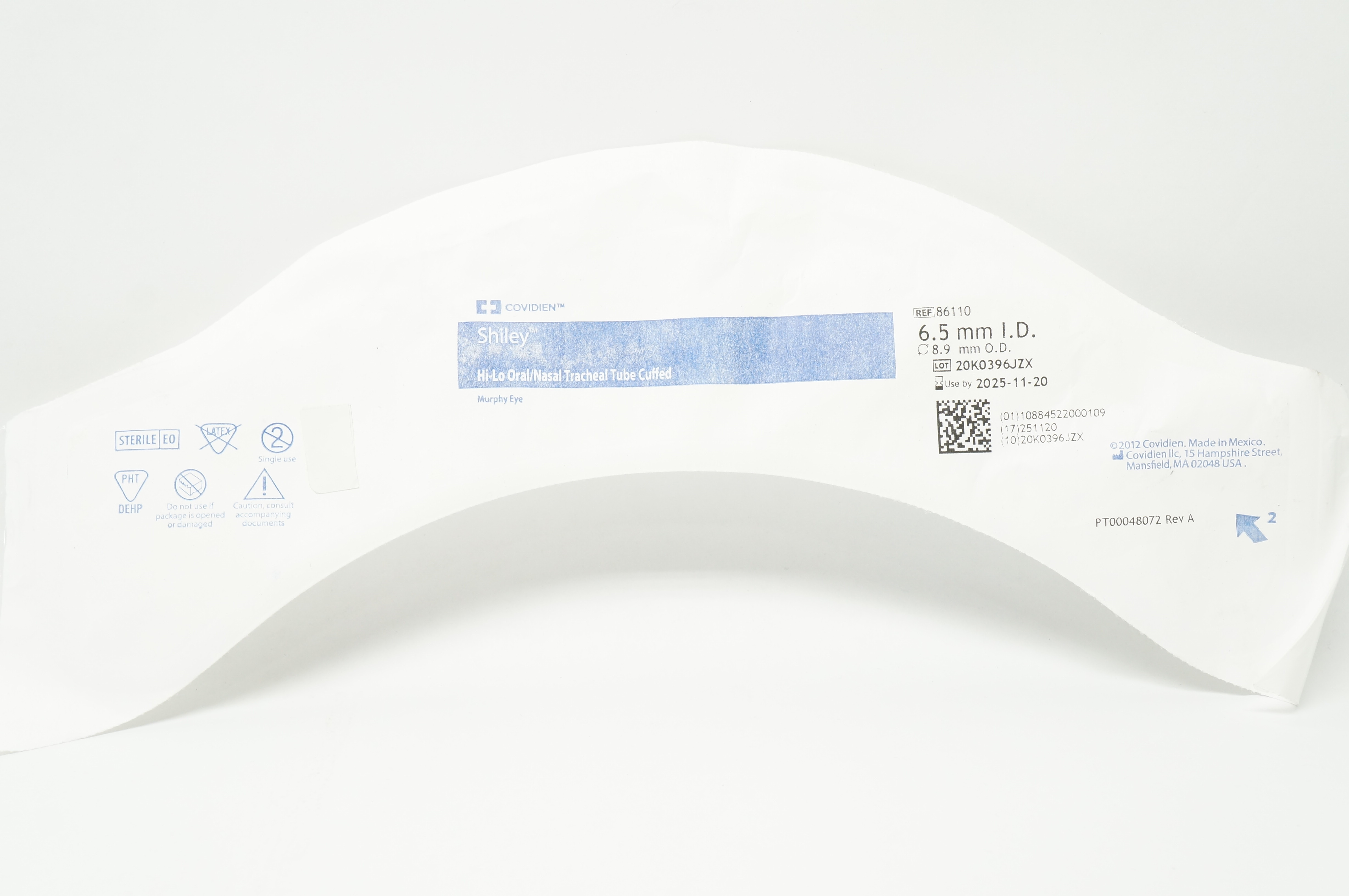 Covidien 86110 Shiley Hi-Lo Oral/Nasal Tracheal Tube Cuffed 6.5mm ID x 8.9mm OD