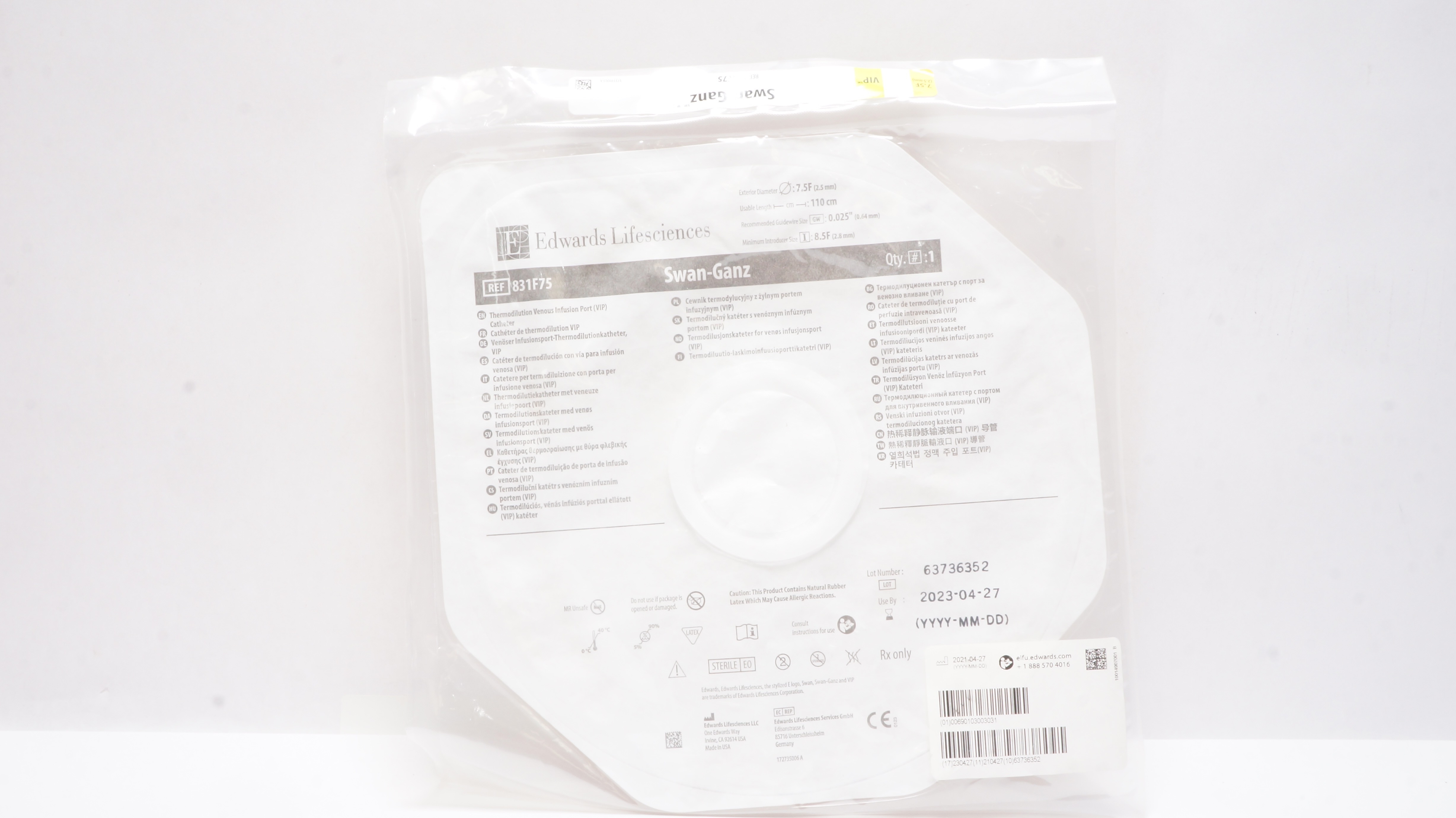 Edwards Lifesciences 831F75 Swan-Ganz Thermodilution VIP Cath. 7.5F x 110cm (x)