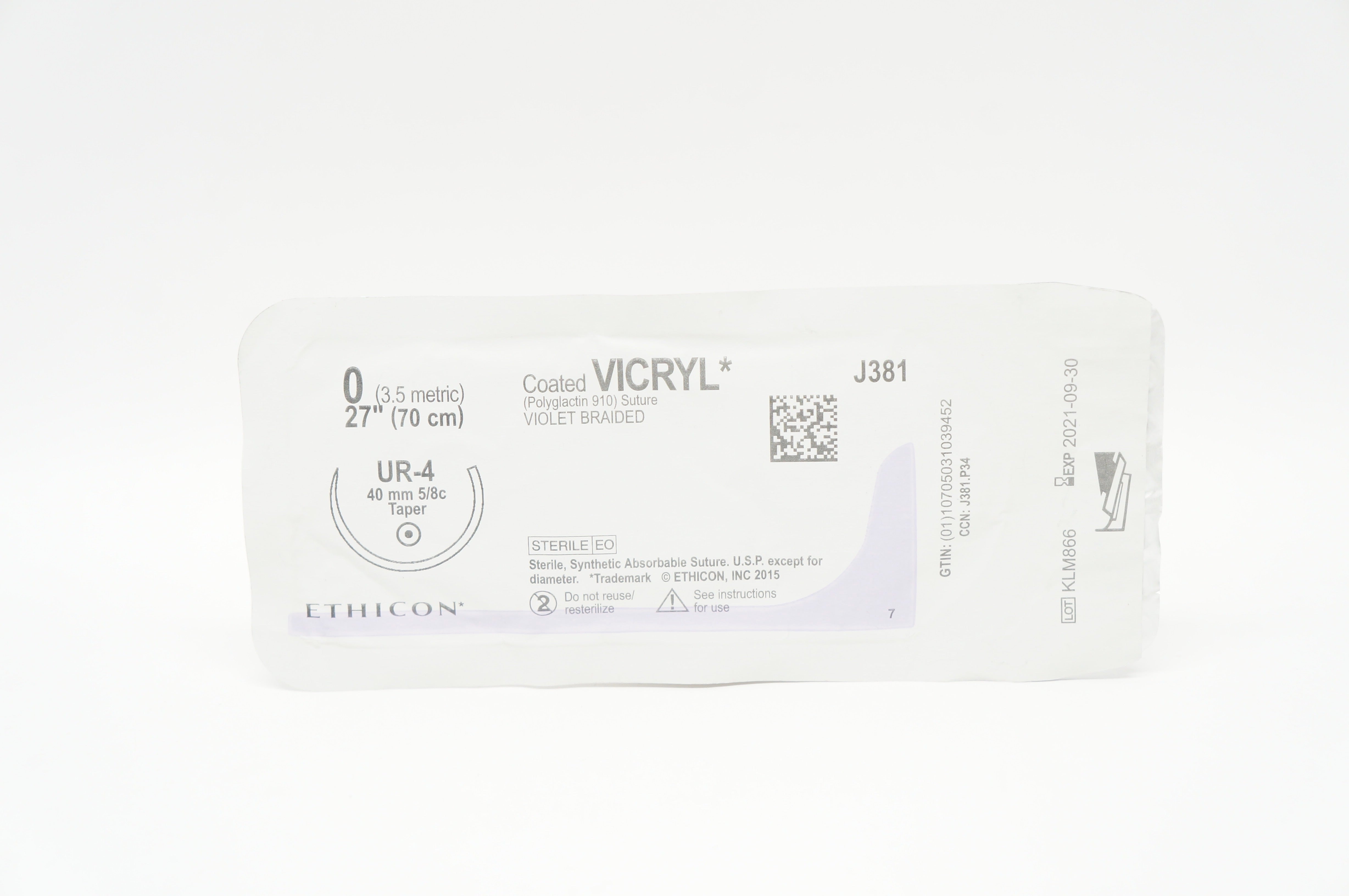 Ethicon J381 0 VICRYL UR-4 Violet Braided 40mm 5/8c Taper, 27inch (x)