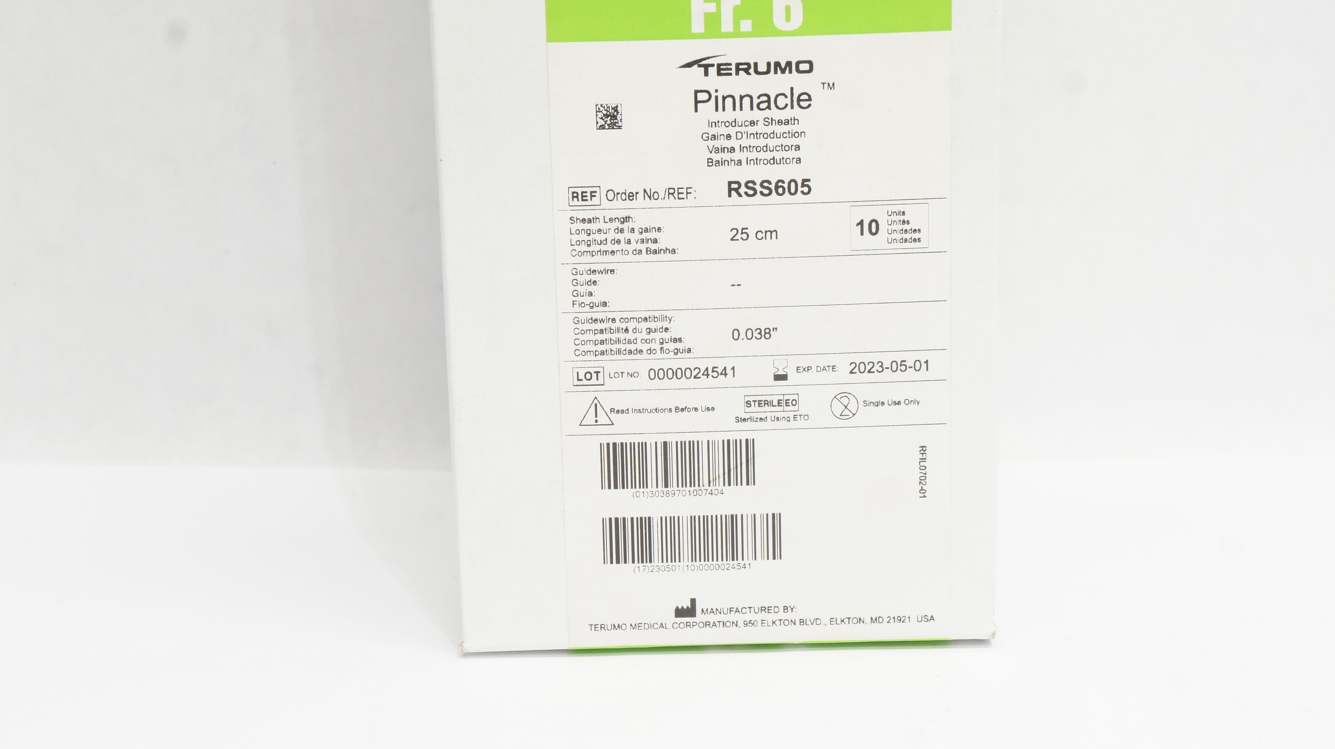 Terumo RSS605 Pinnacle Introducer Sheath 6Fr, 25cm x 0.038inch (x) - Box of 10