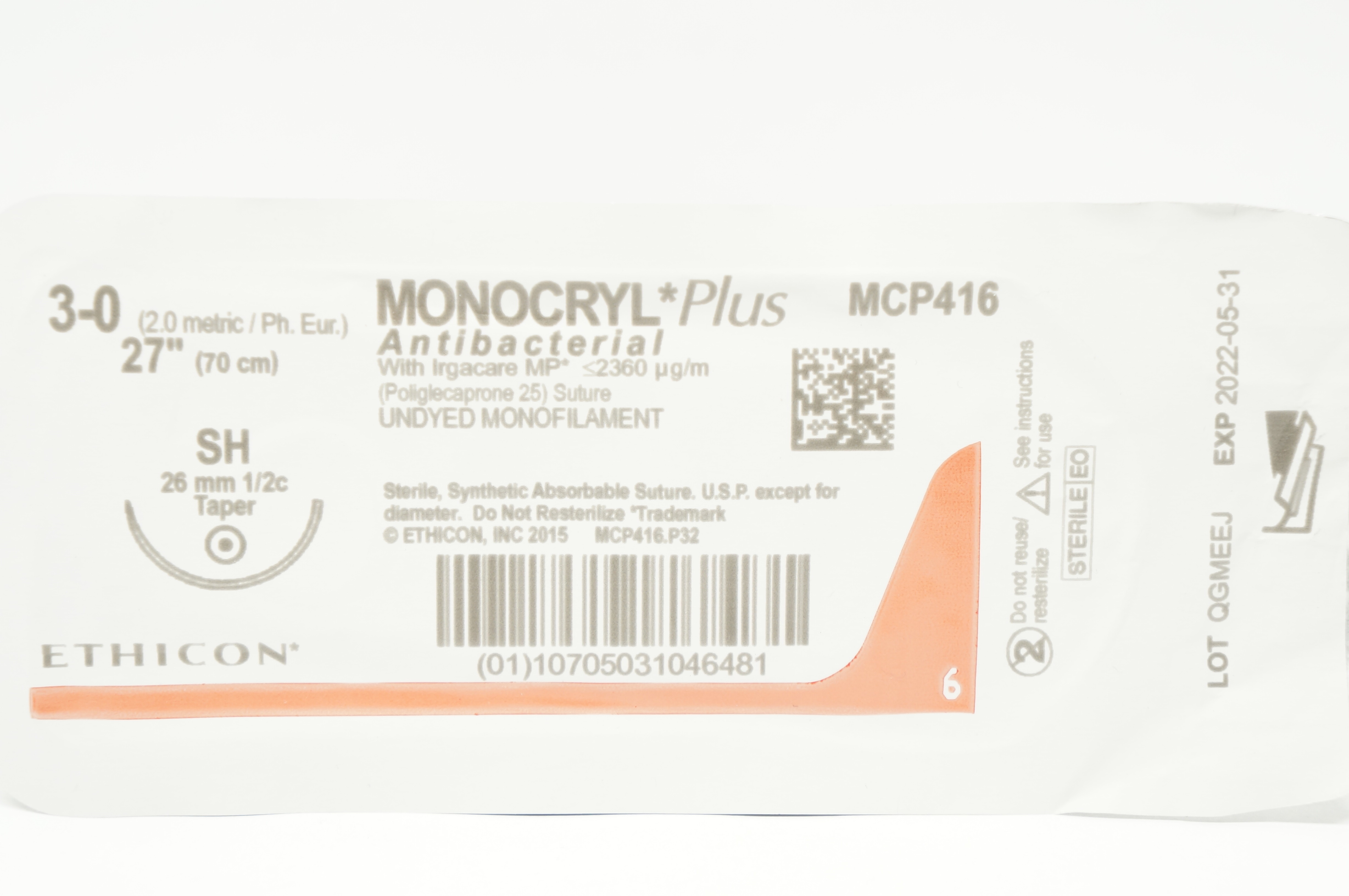 Ethicon MCP416 3-0 MONOCRYL Plus SH 26mm 1/2c Taper, 27inch