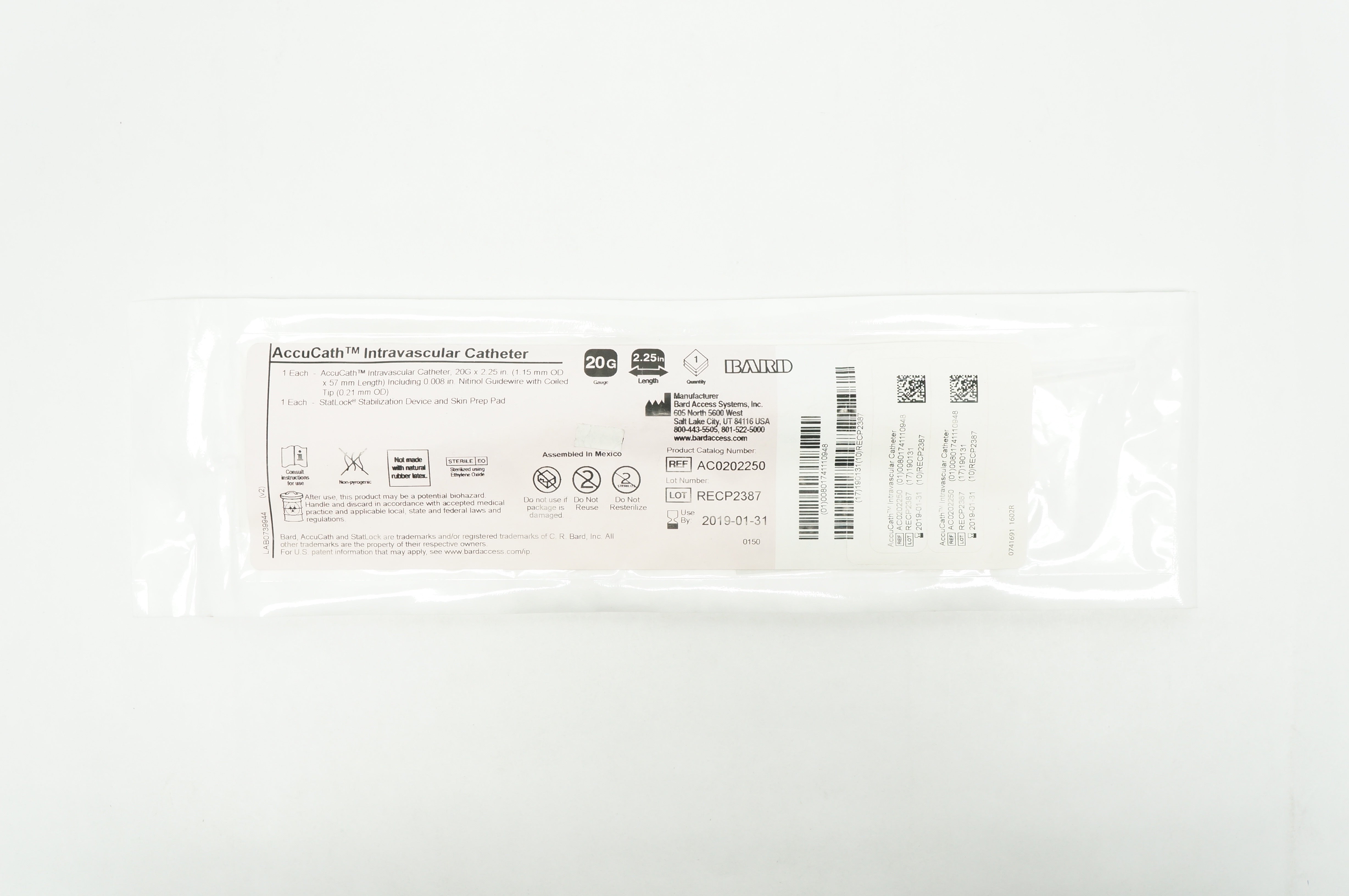 Bard AC0202250 AccuCath Intravascular Cath. 20G x 2.25inch (x)