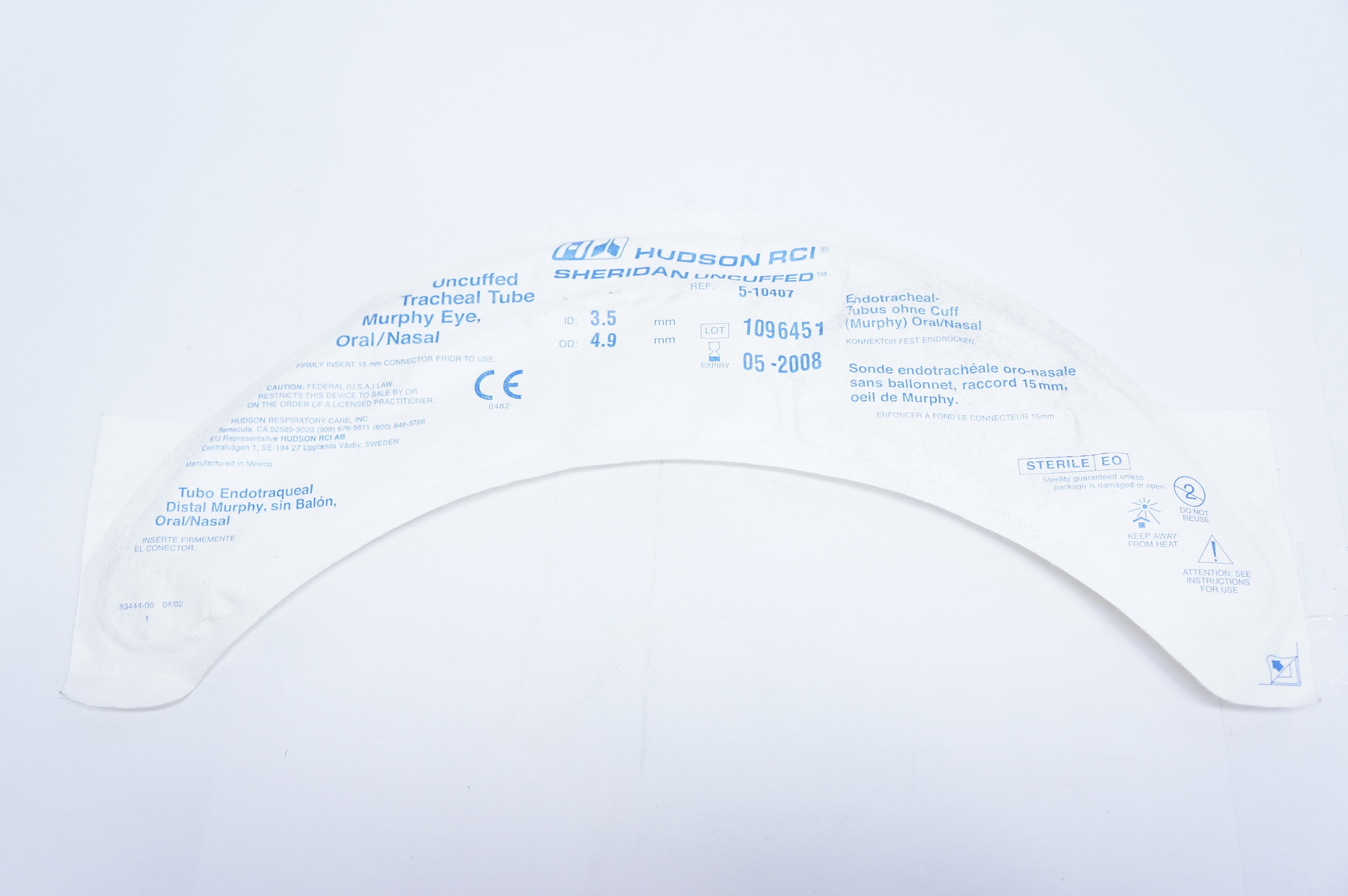 Hudson RCI 5-10407 ET Tube, Uncuffed, 3.5mm x 4.9mm (x)