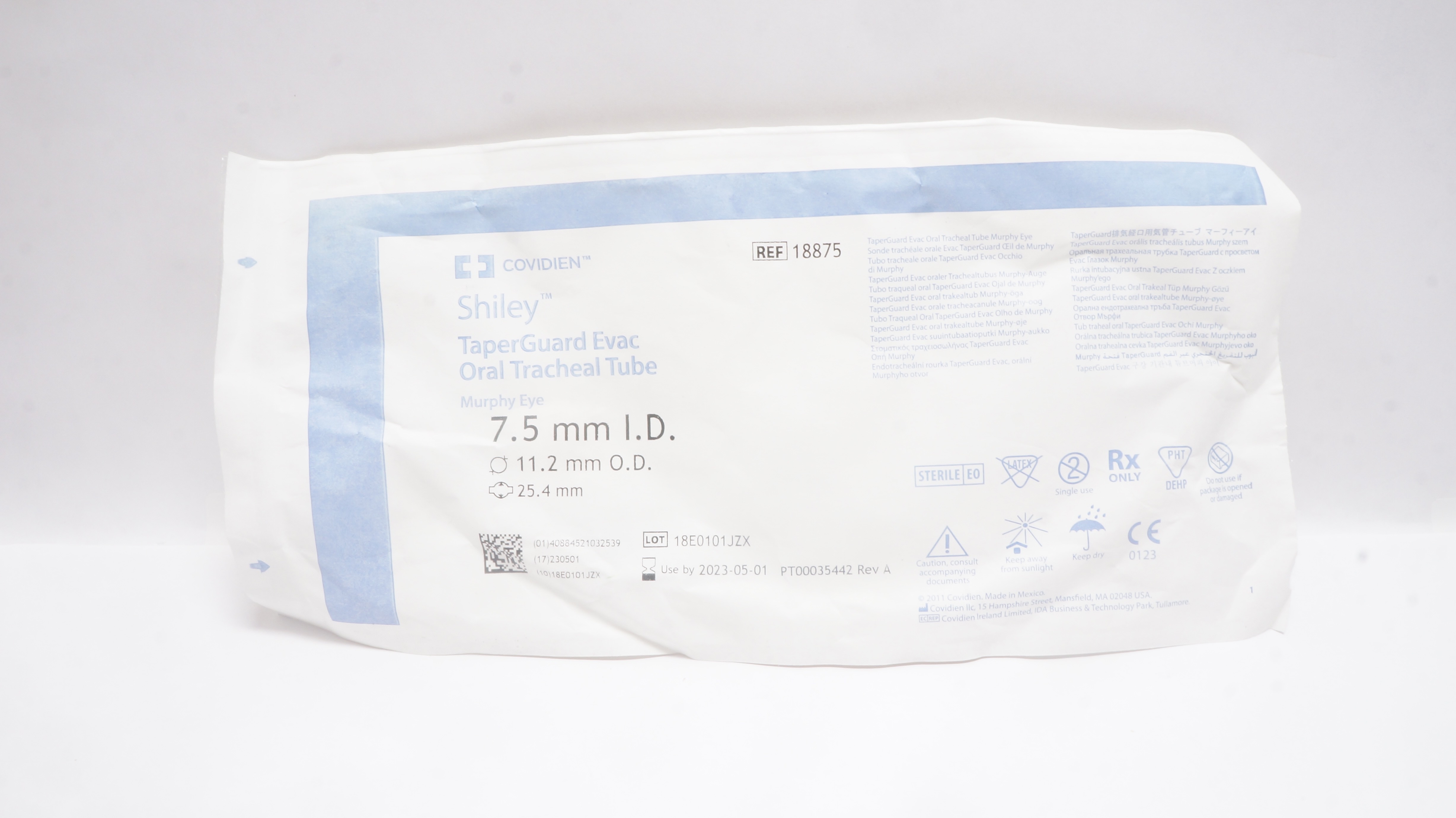 Covidien 18875 Shiley TaperGuard Evac Oral Tracheal Tube 7.5mm ID, 11.2mm OD (x)