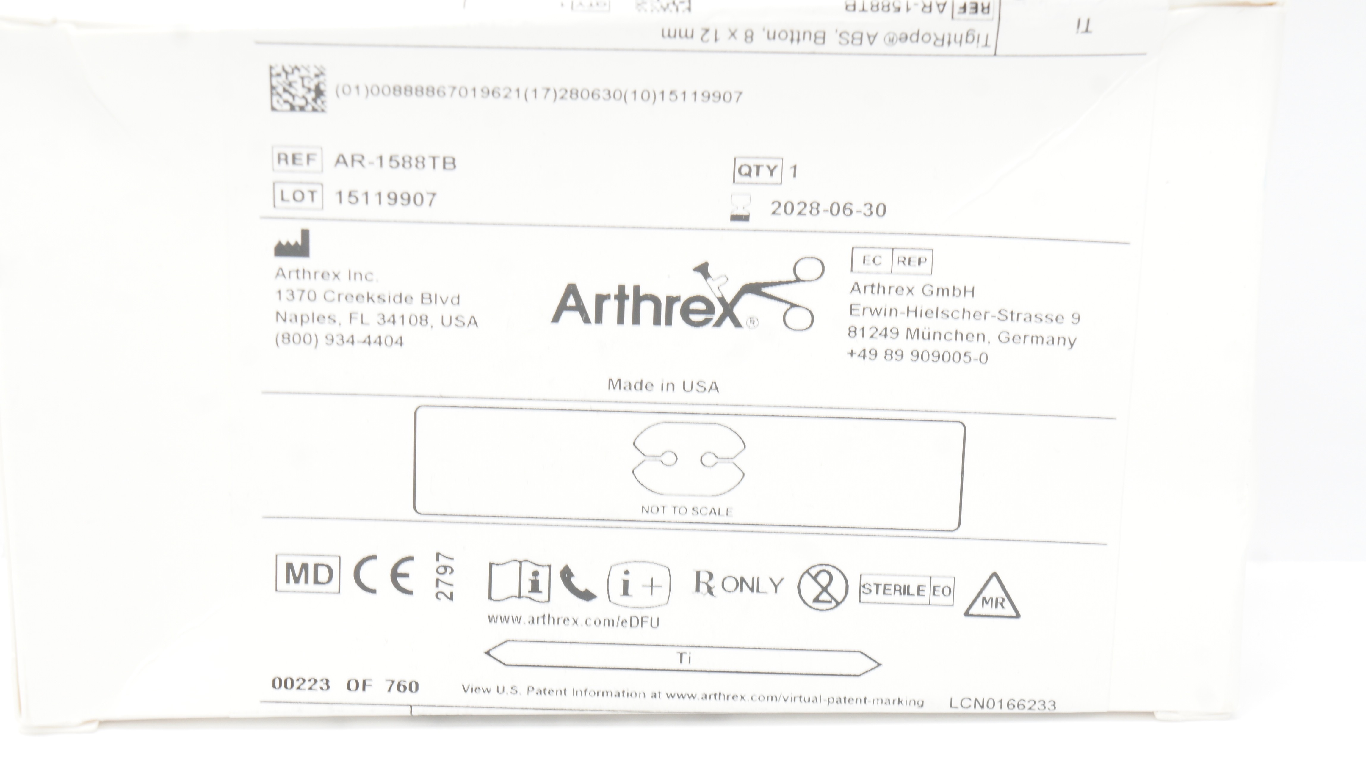 Arthrex AR-1588TB-1 TightRope ABS Button Roynd 8 x 12mm