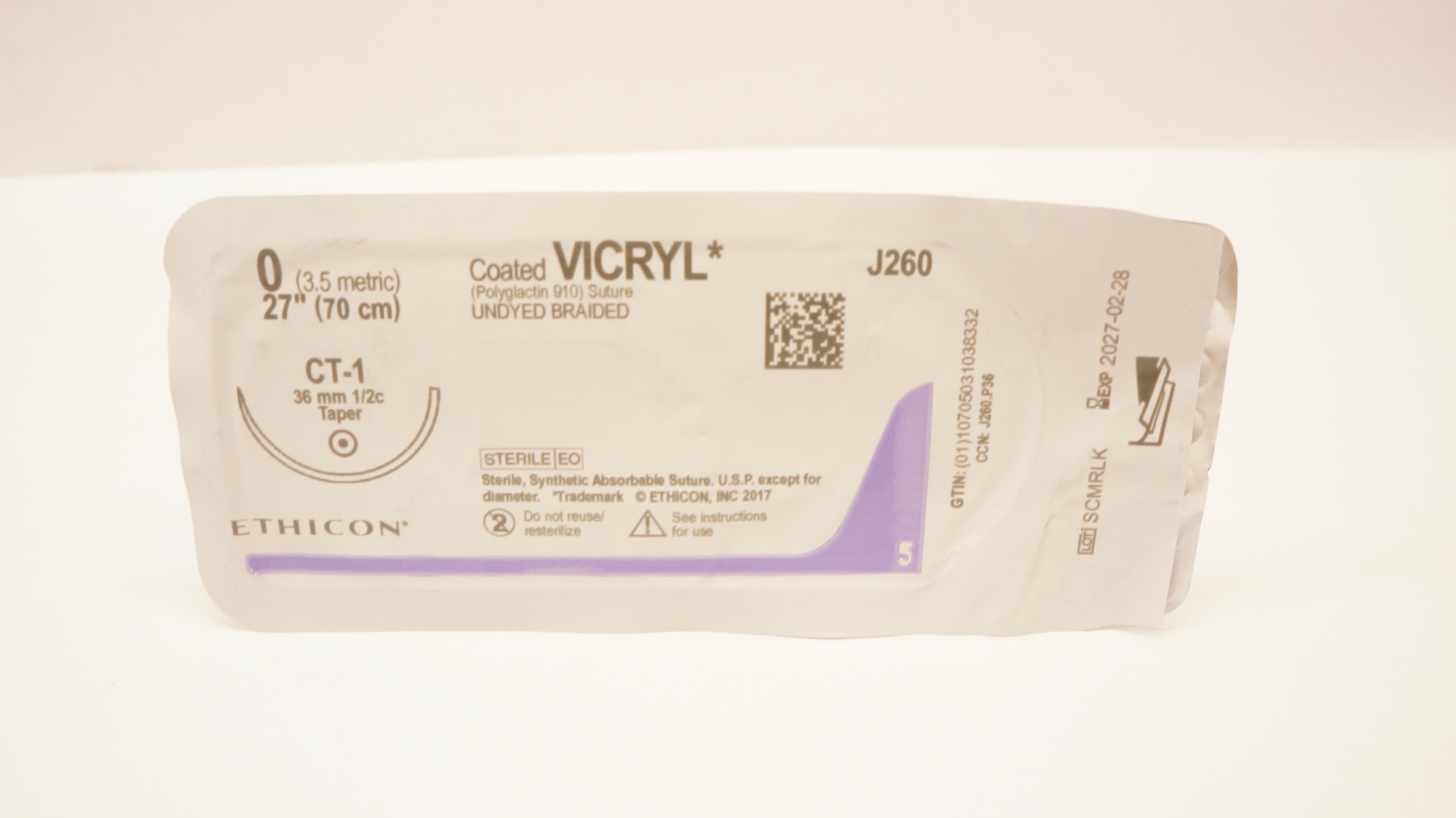 Ethicon J260 0 Coated VICRYL Undyed Braided, CT-1, 36mm 1/2c Taper, 27 inch