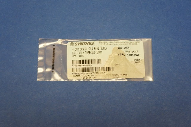 Synthes 207.050 4.0mm Cancellous Bone Screw Partially Threaded/50mm