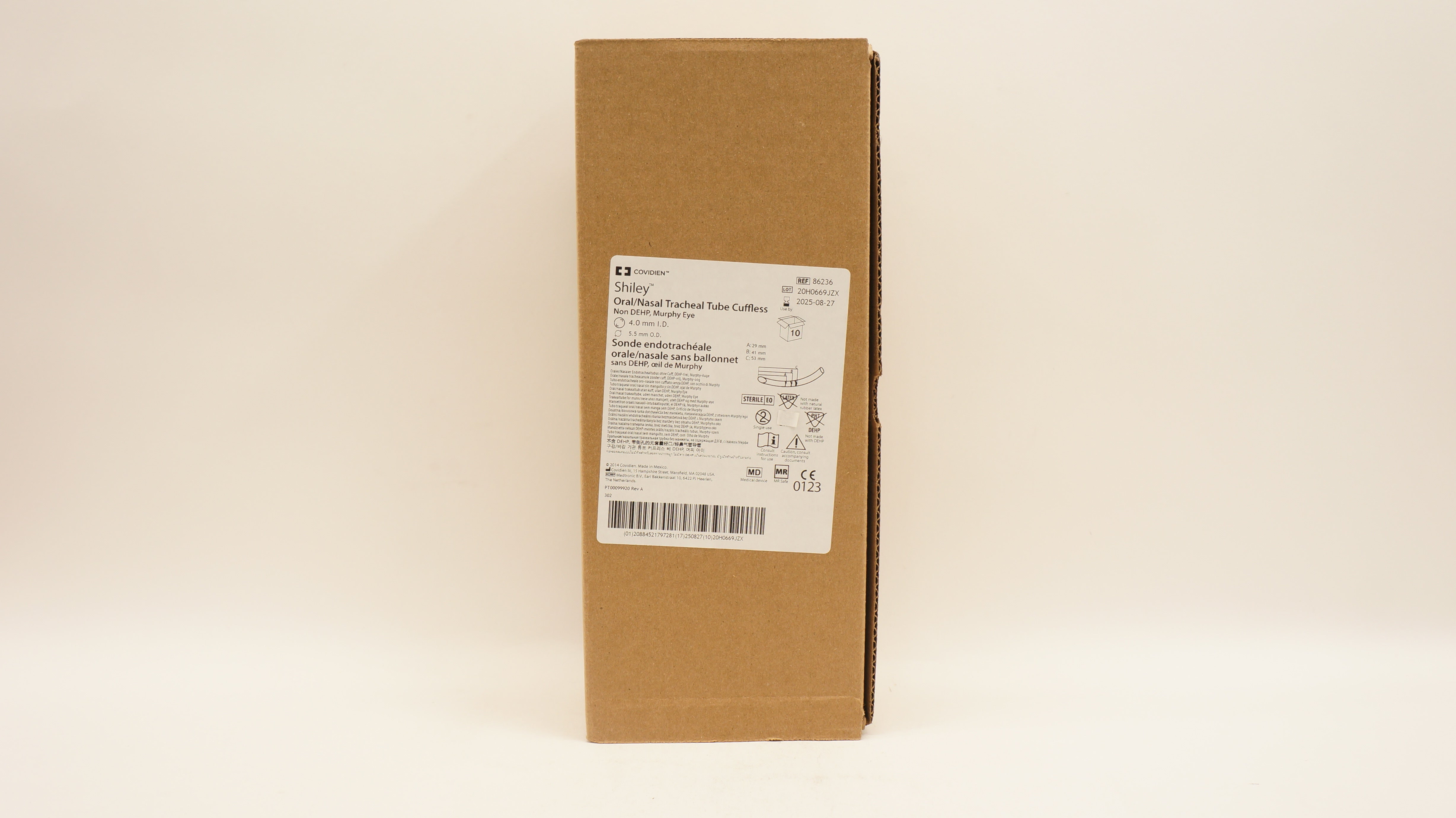 Covidien 86236 Shiley Oral/Nasal Tracheal Tube Cuffless 4.0m ID x 5.5mm OD - Box of 6