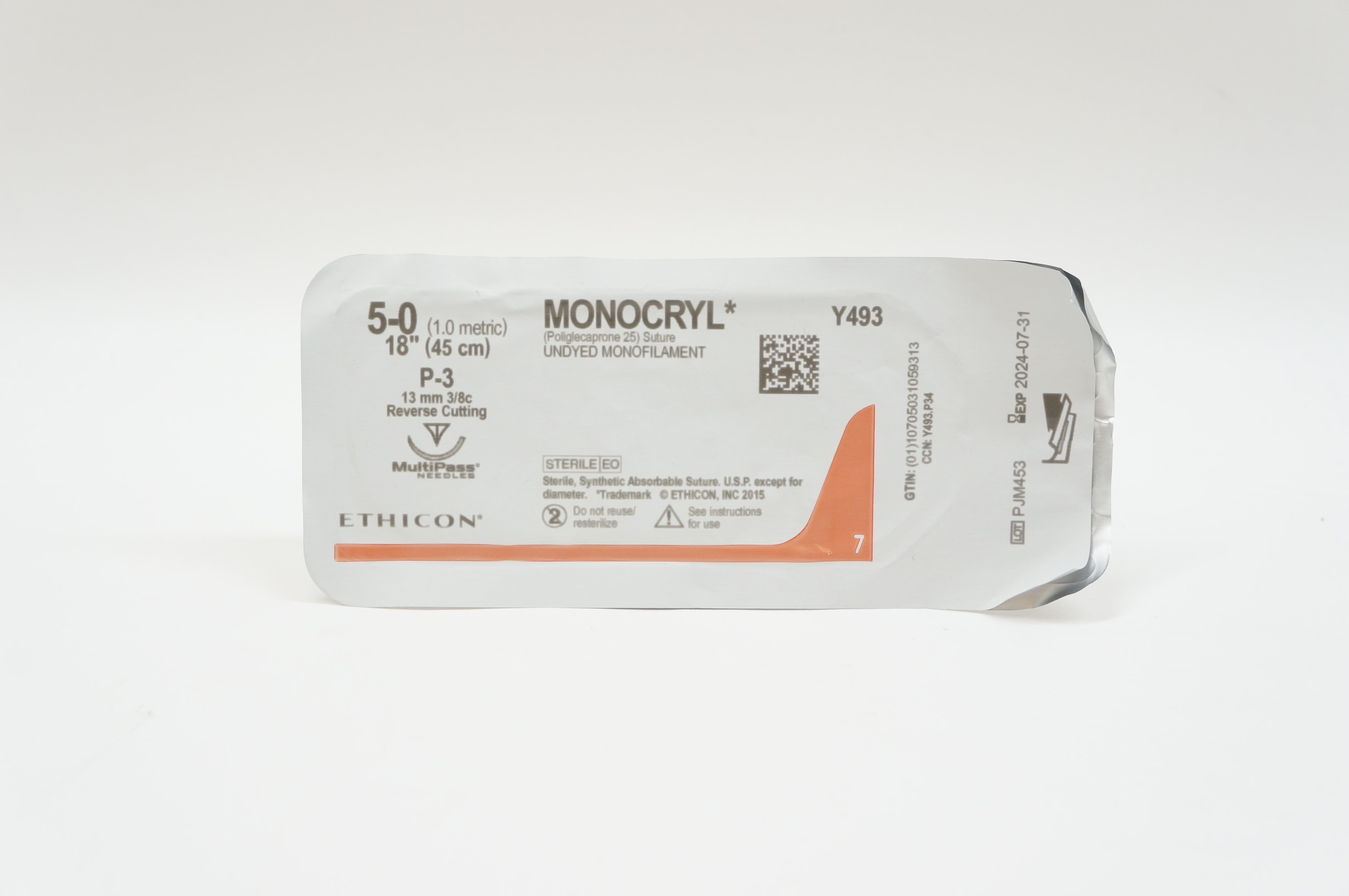 Ethicon Y493 5-0 MONOCRYL, P-3, 13mm 3//8c Reverse Cutting, 18inch