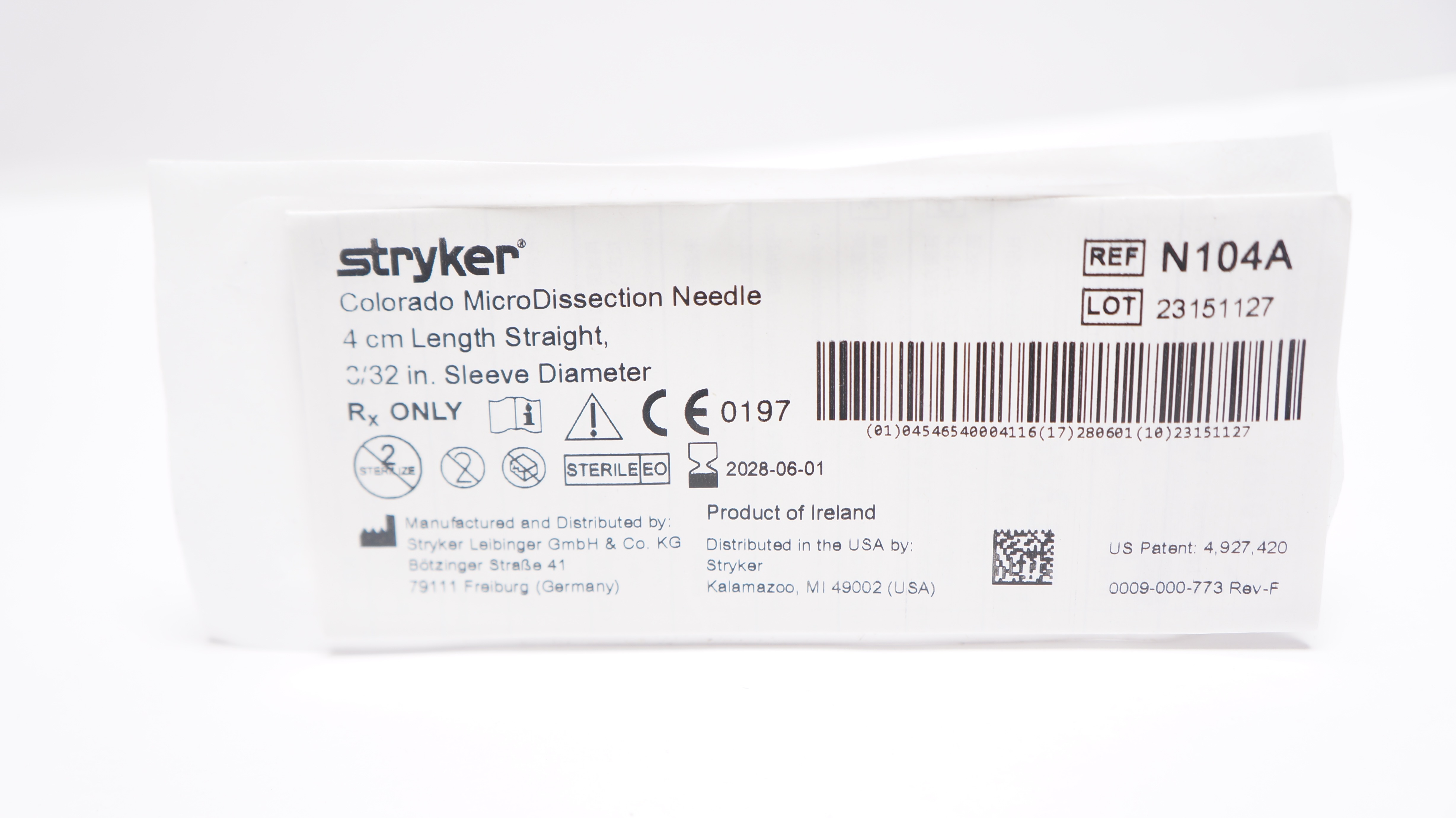 Stryker N104A Colorado MicroDissection Ndle. Straight 4cm, Sleeve 3/32inch