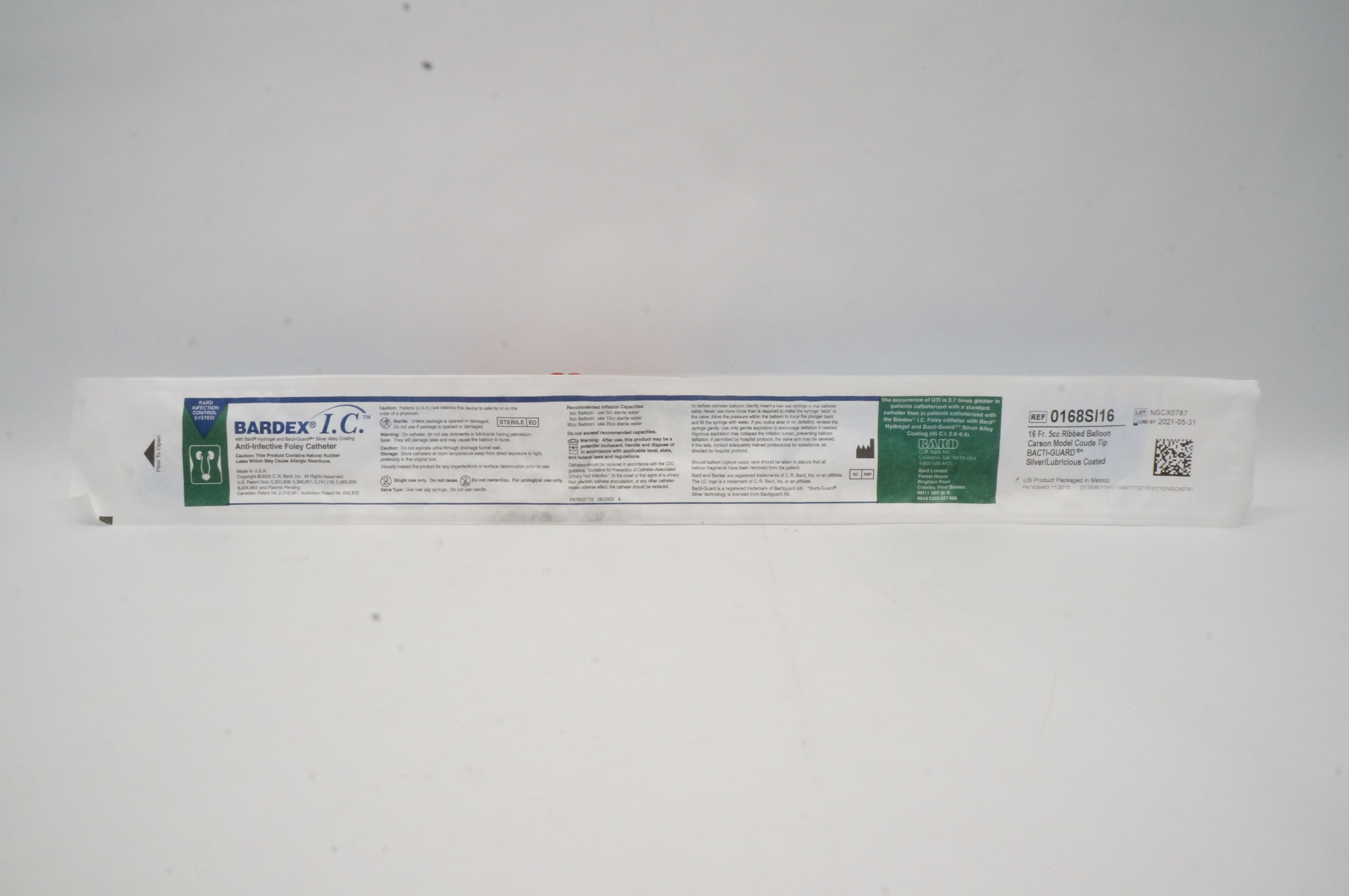 Bard 0168SI16 Bardex I.C. Anti-Infective Foley Cath. 16Fr 5cc Ribbed Balloon