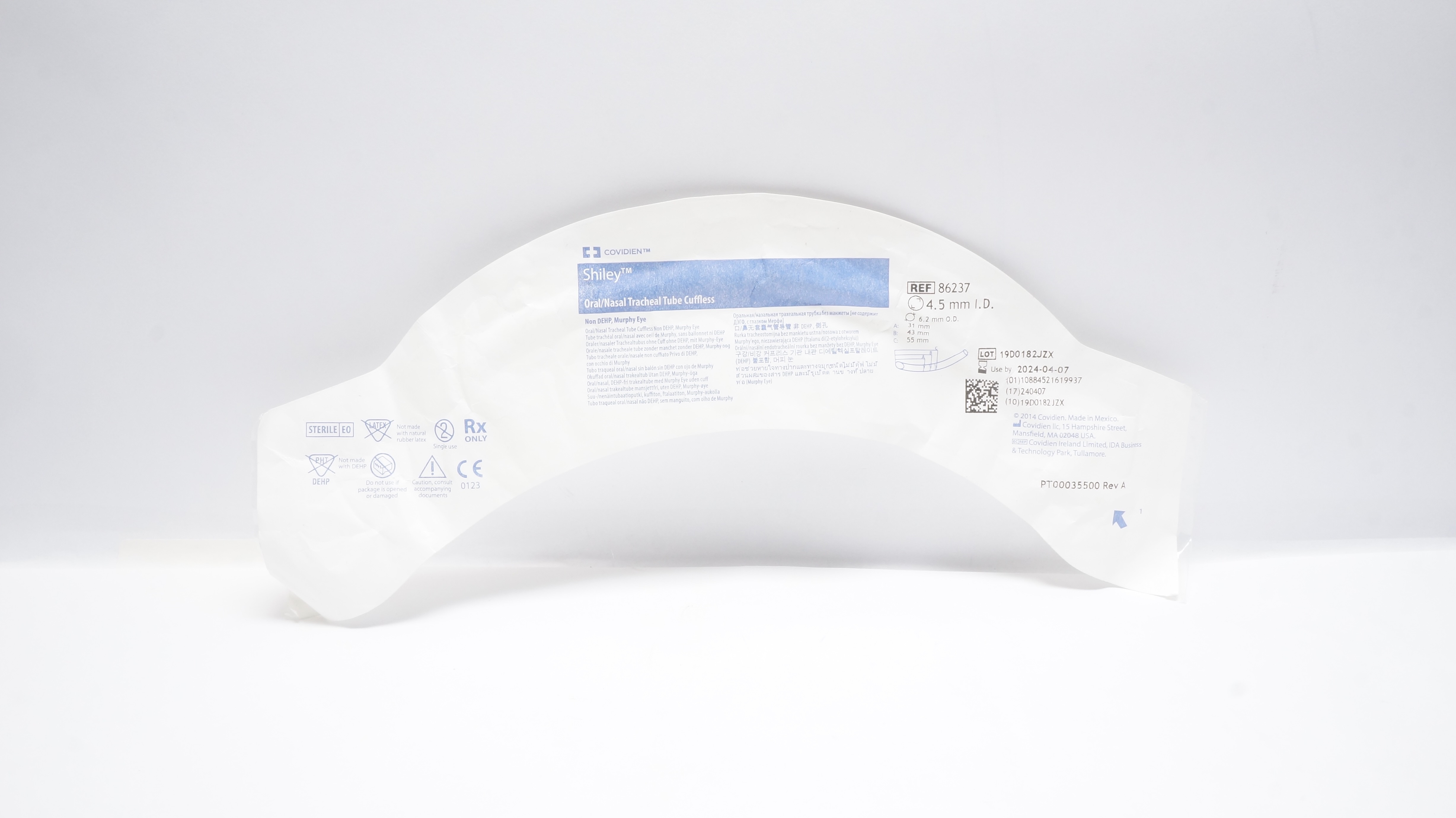 Covidien 86237 Shiley Oral/Nasal Tracheal Tube Cuffless 4.5mm ID  x 6.2mm OD (x)