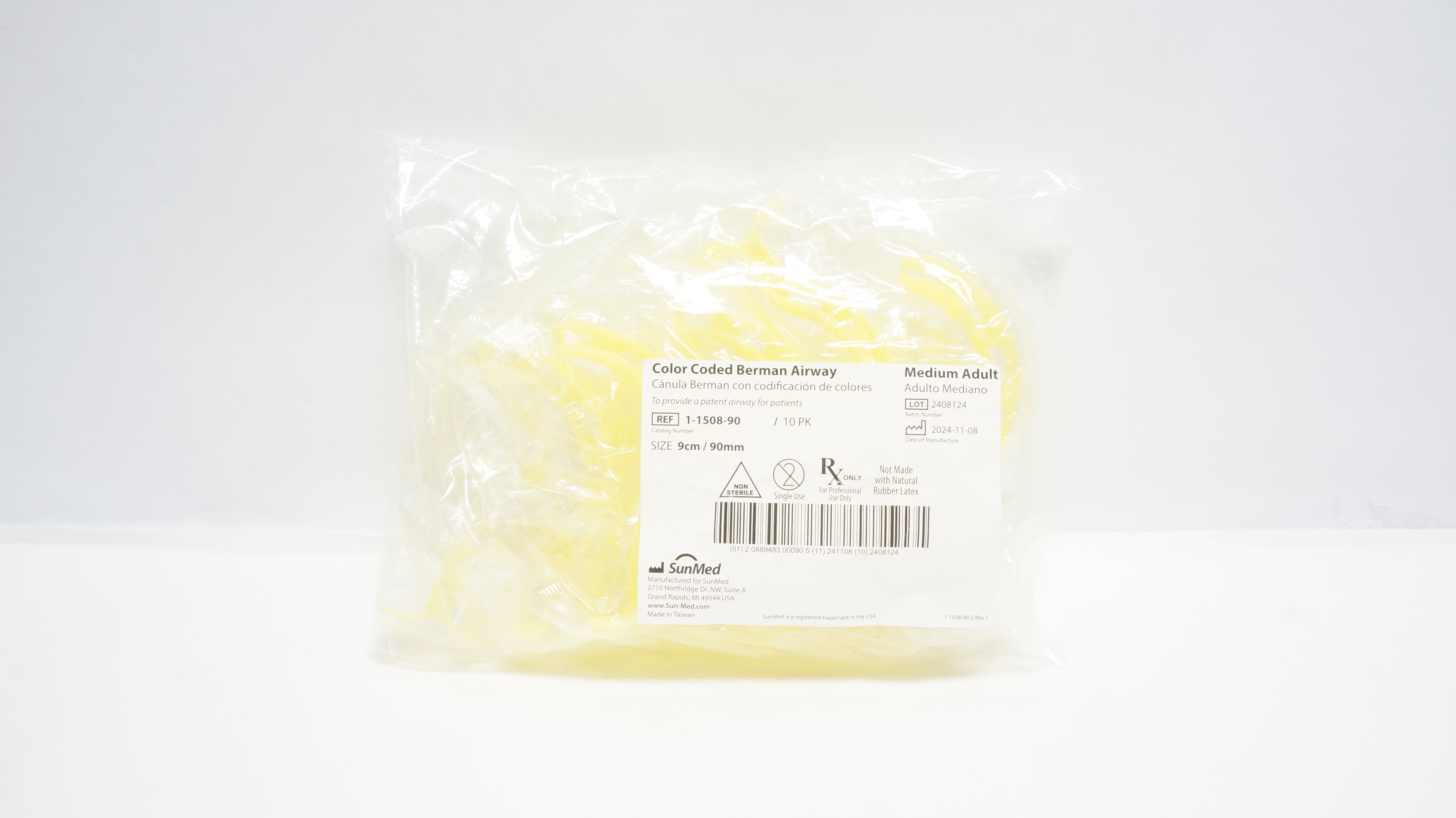 SunMed 1-1508-90 Color Coded Berman Airway 9cm,Medium Adult - Pack of 10