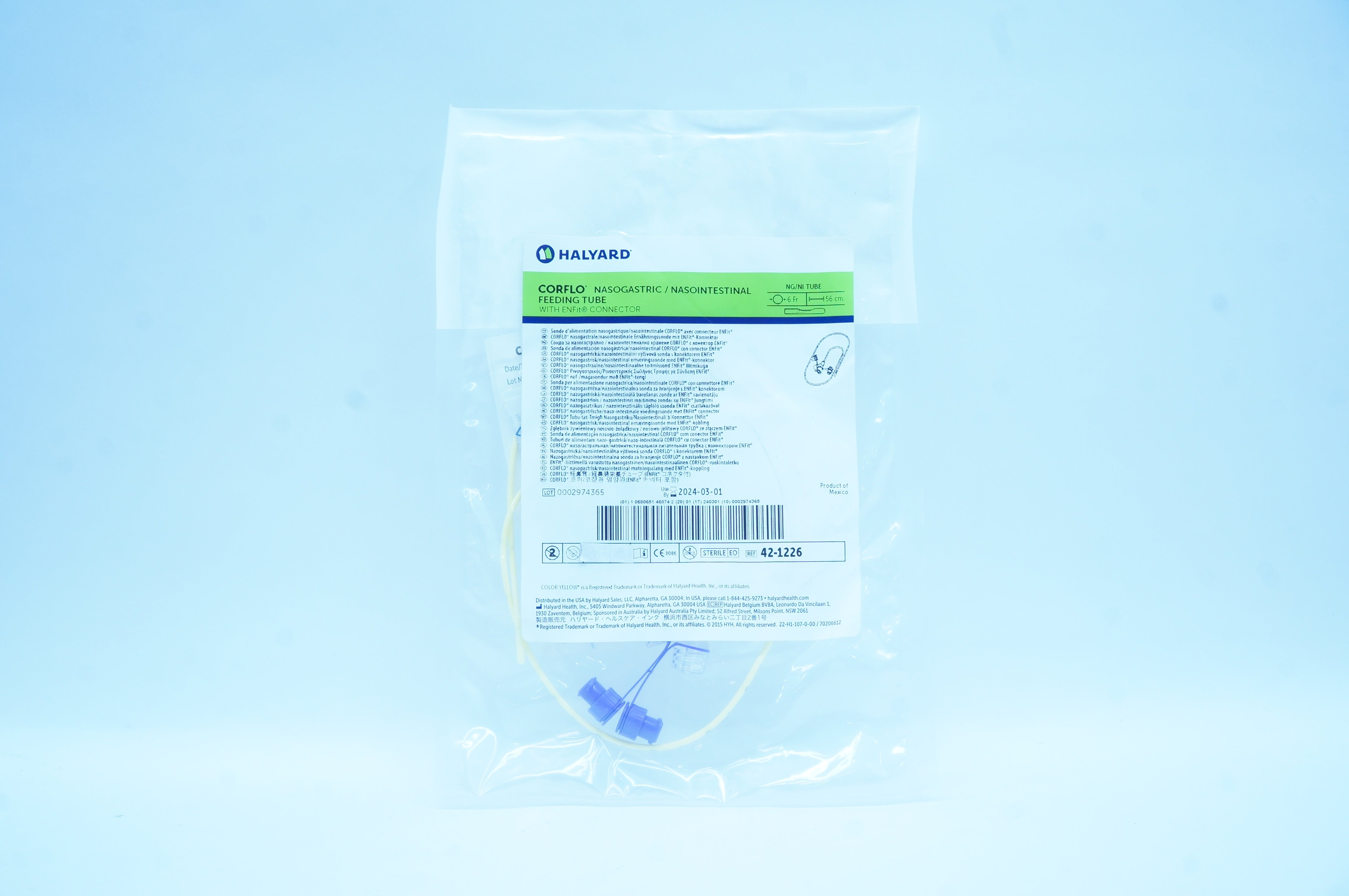Halyard 42-1226 Corflo Nasogastric/ Nasointestinal Feeding Tube 6Fr x 56cm