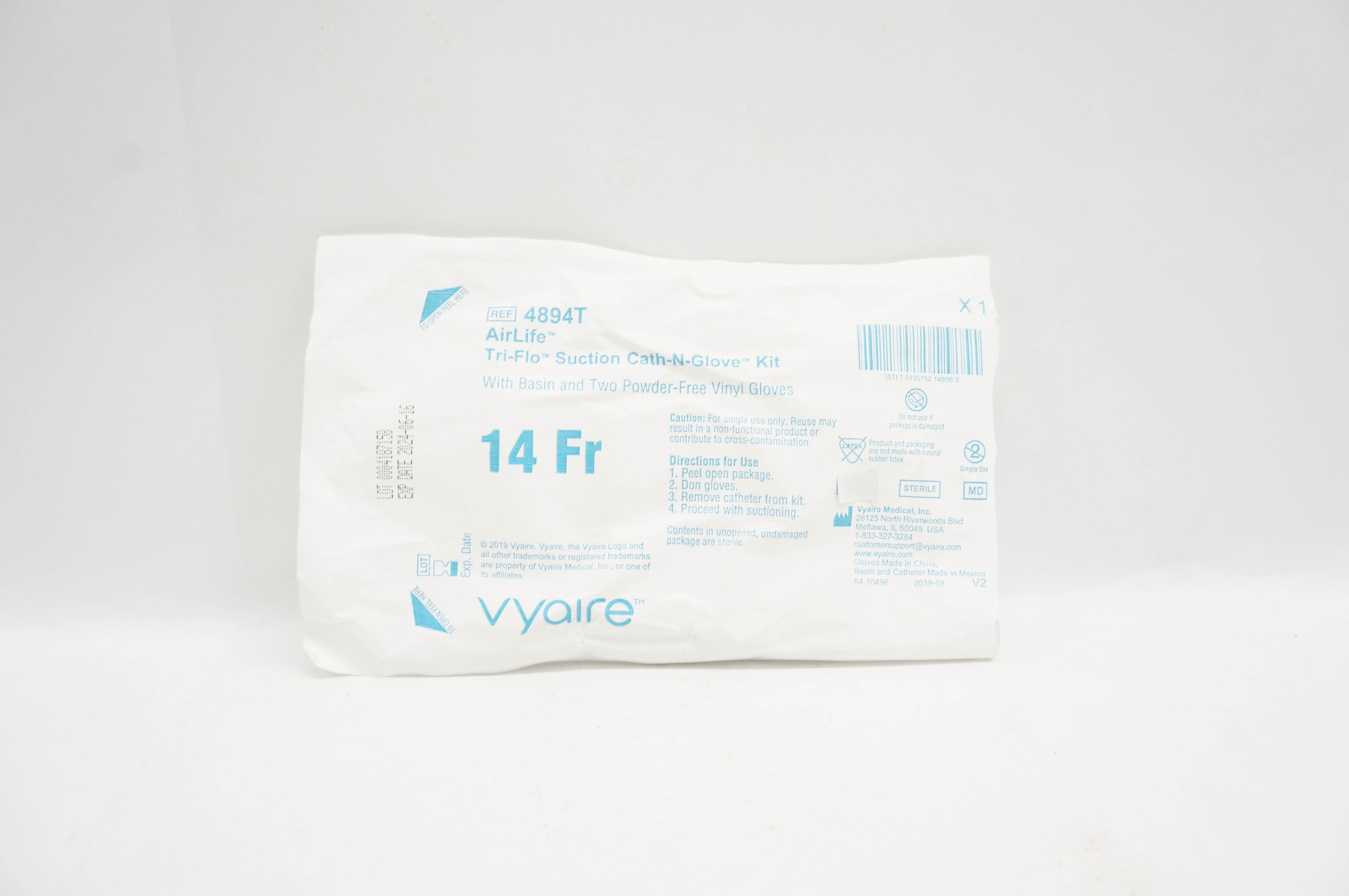 Vyaire 4894T AirLife Tri-Flo Suction Cath-N-Glove Kit with Basin & Gloves 14Fr