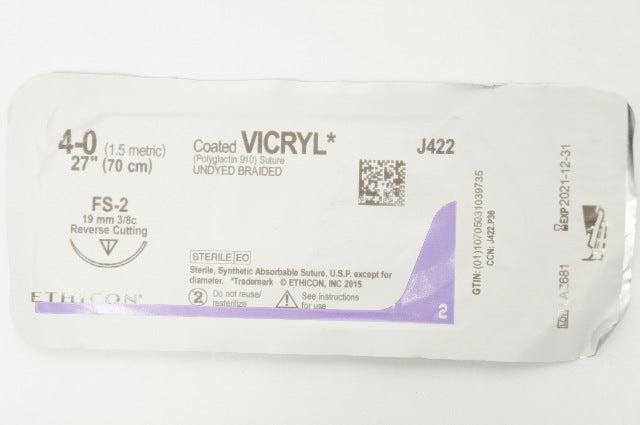 Ethicon J422 4-0 Vicryl Suture Undyed Braided 27inch FS-2
