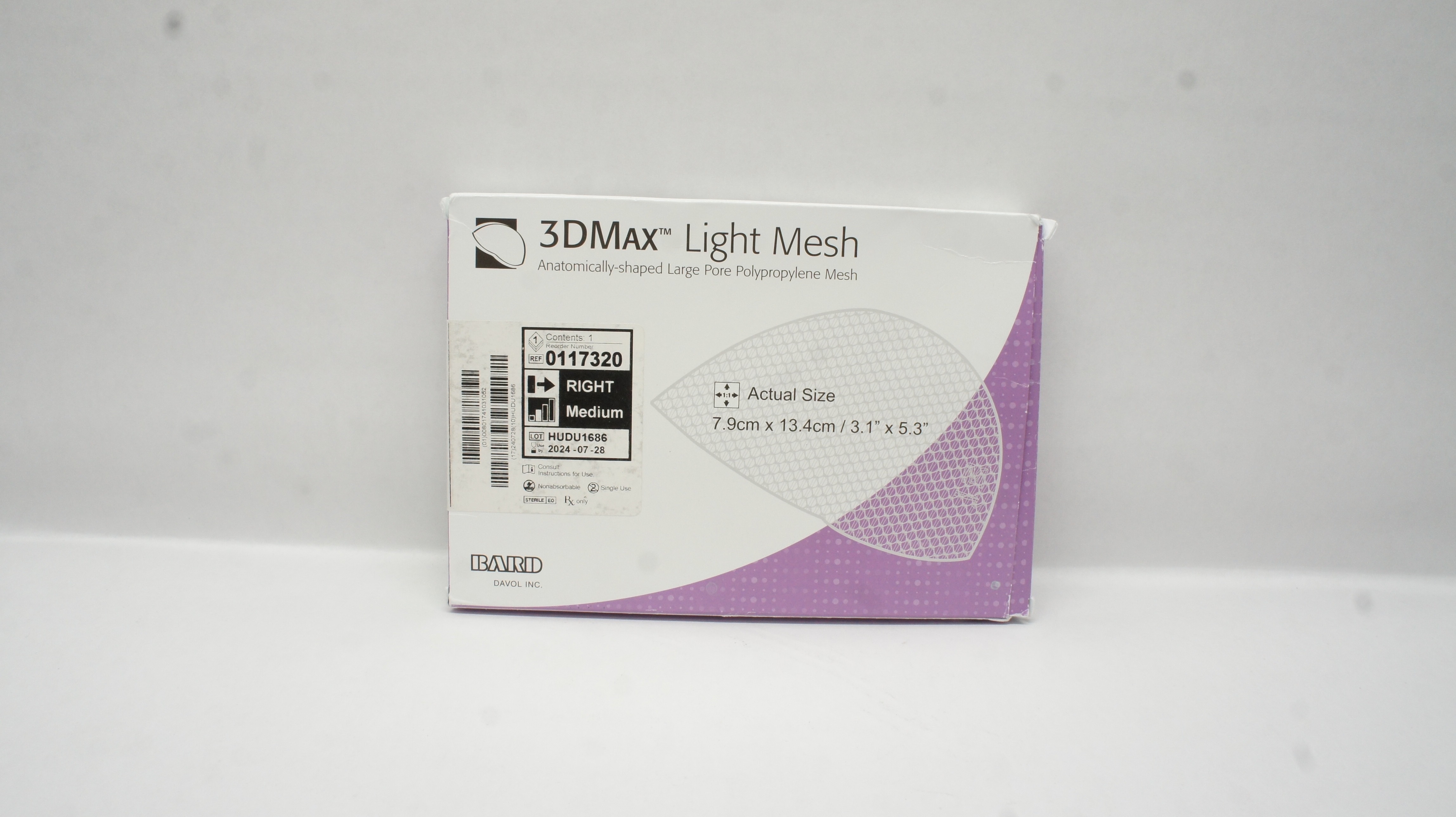 Bard 0117320 Davol 3DMax Light Polypropylene Mesh Right Medium 3.1inch x 5.3inch