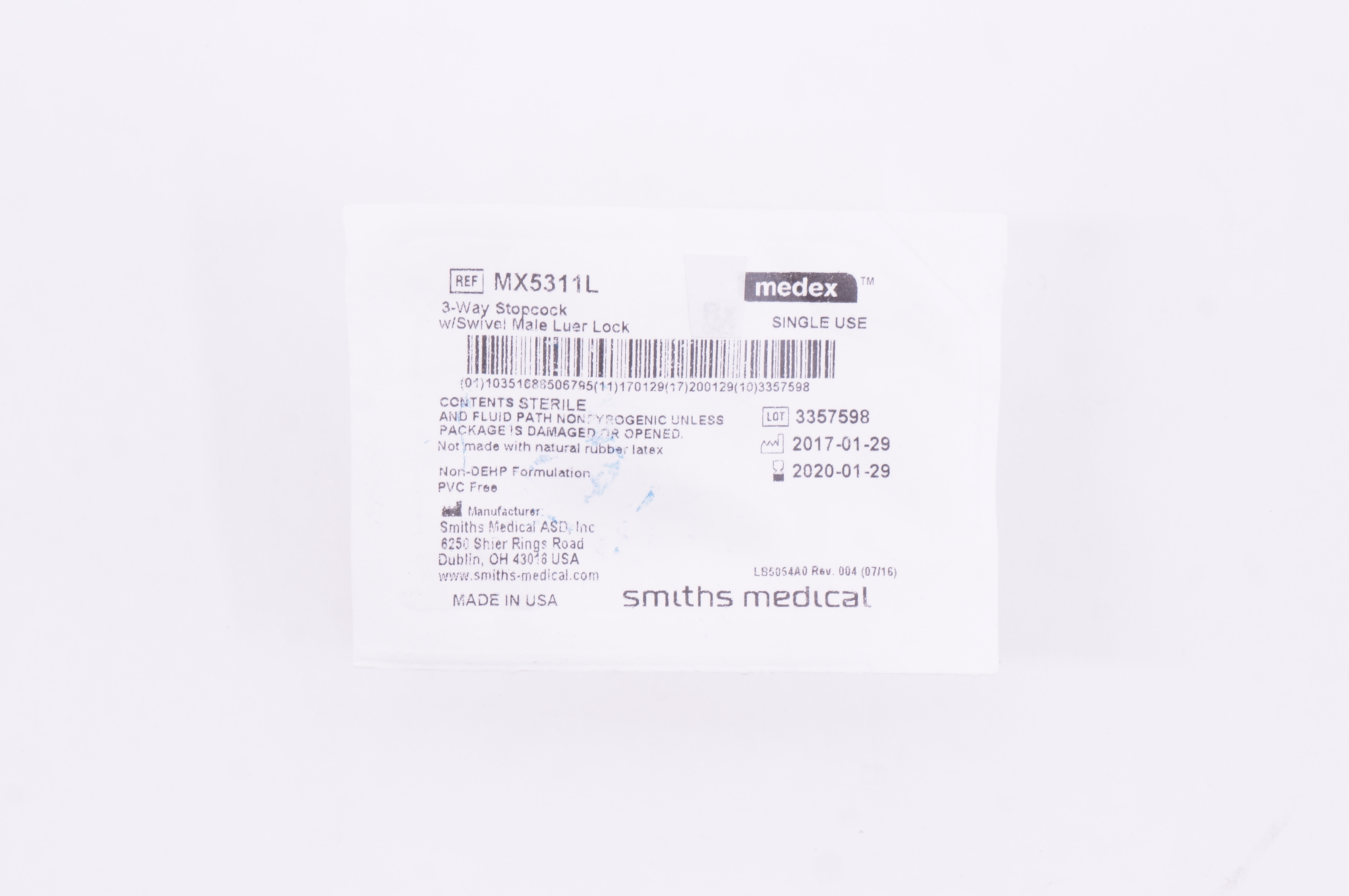 Smiths Medical MX5311L Medex 3-Way Stopcock with Swivel Male Luer Lock (x)