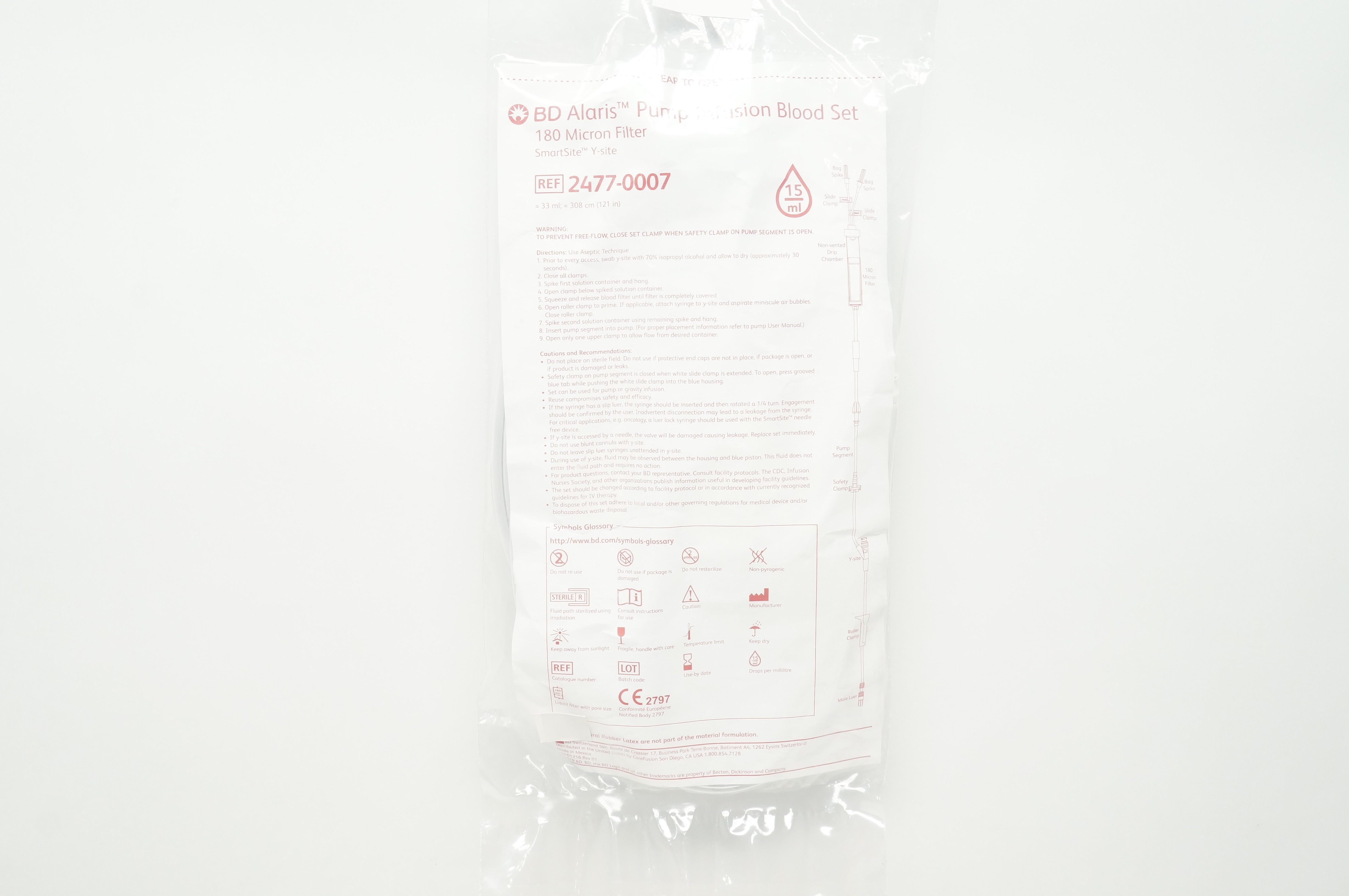 BD 2477-0007 Alaris Pump Infusion Blood Set 180 Micron Filter 33mlx121inch Appx