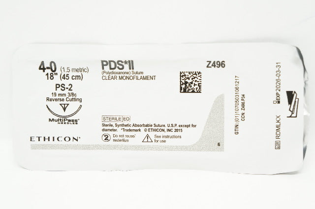 Ethicon Z496 4-0 PDS II Stre Clear Monofilament PS-2 19mm 3/8c,18inch