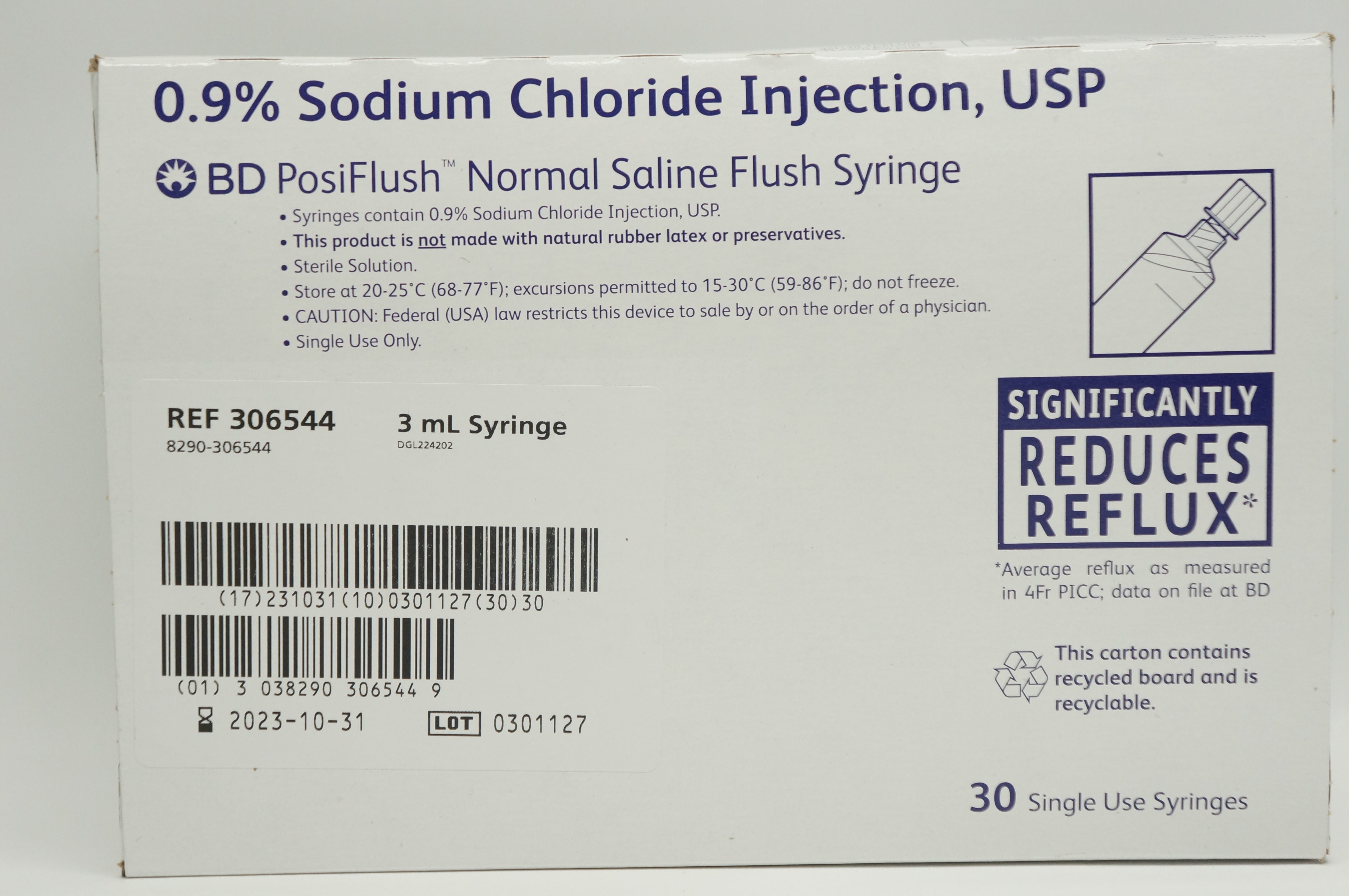 BD 306544 PosiFlush Saline Flush Syringe 3mL 0.9% Sodium Chloride - Box of 30