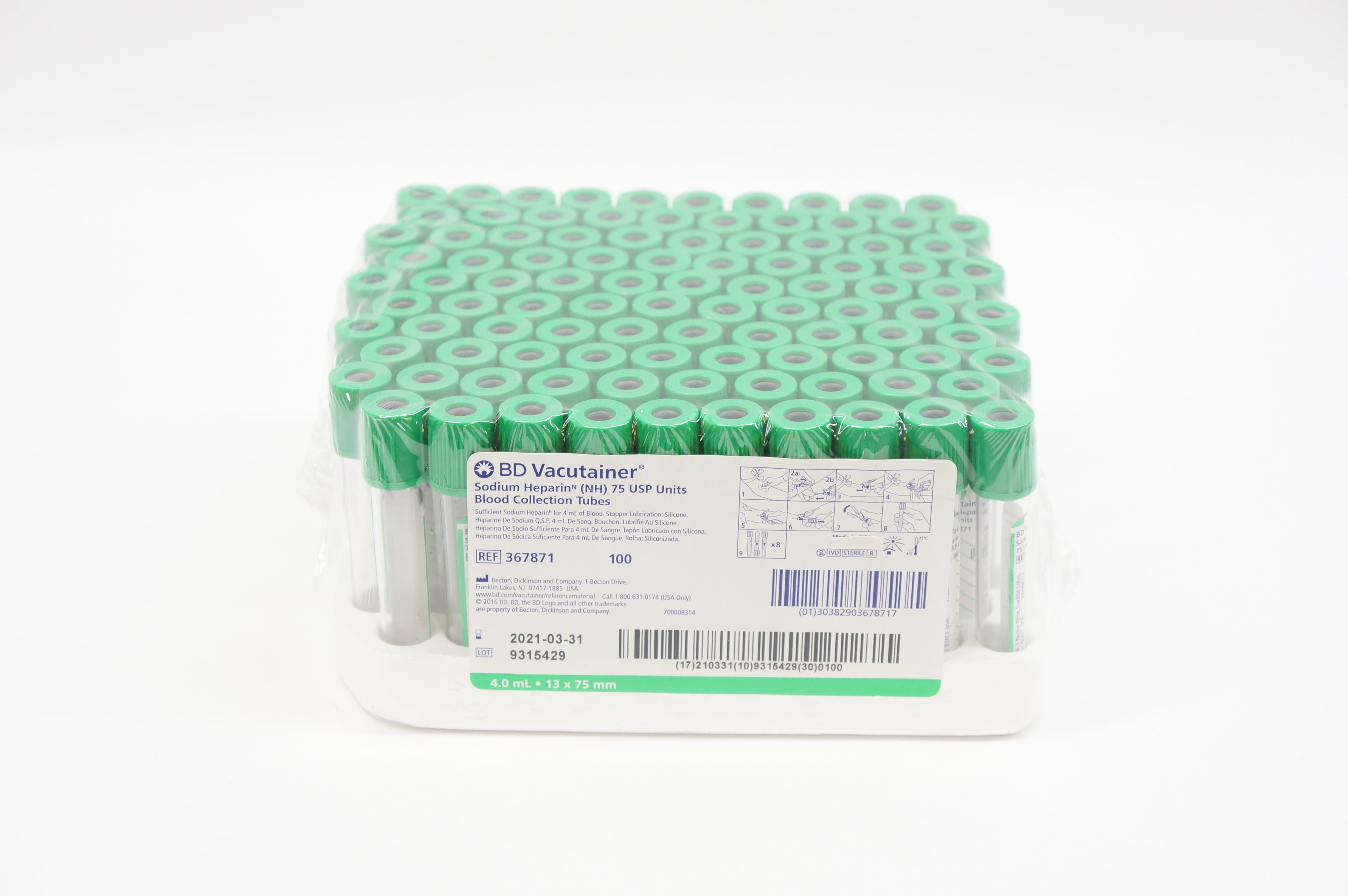 BD 367871 Vacutainer Sodium Heparin 75 USP 4 mL 13 x 75 mm - Box of 100