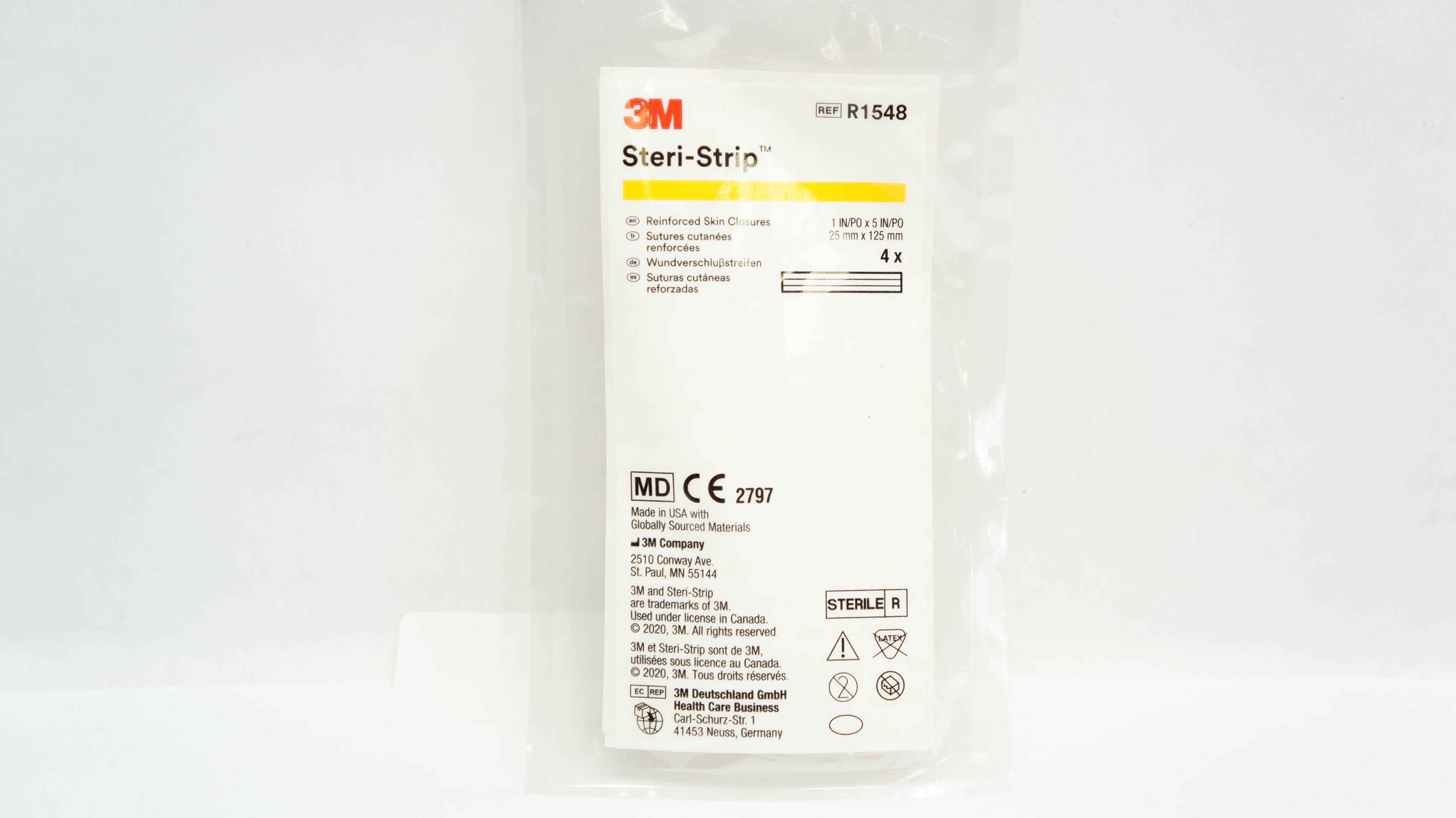 3M R1548 Steri-Strip Reinforced Skin Closures 1inch x 5inch - Pack of 4