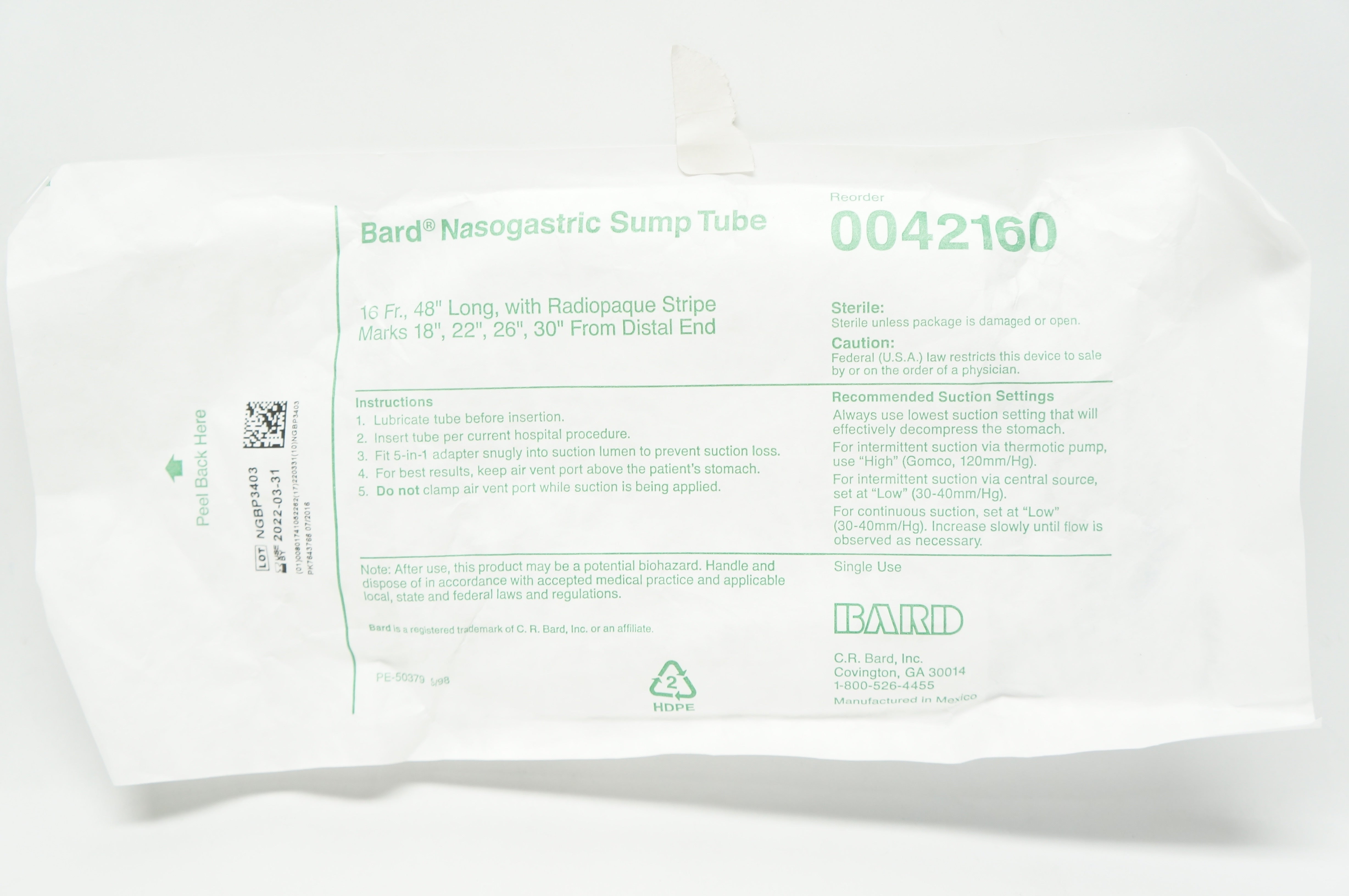 Bard 0042160 Nasogastric Sump Tube w/Radiopaque Stripe Marks, 16Fr x 48inch (x)